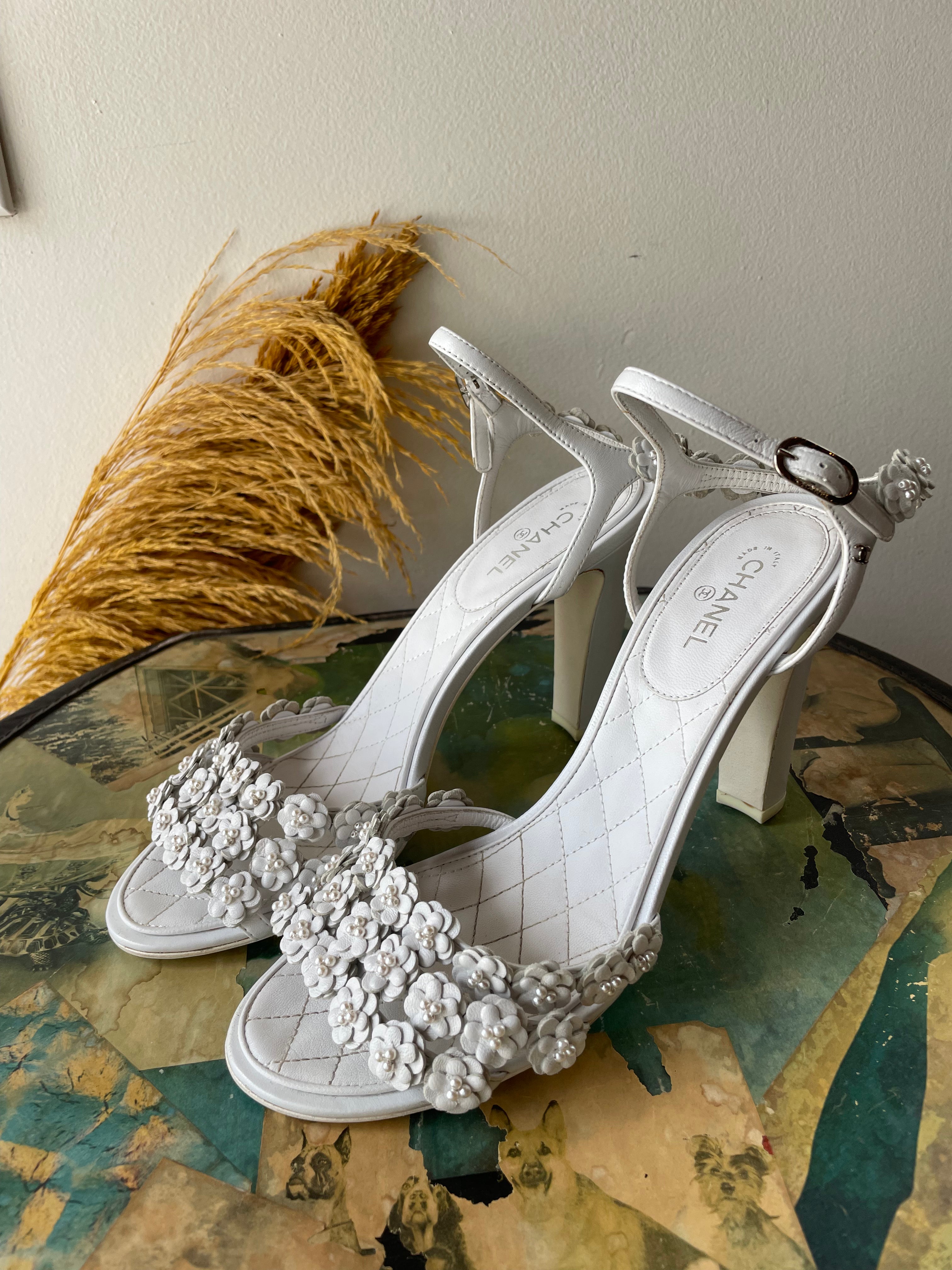 CHANEL White Floral Embellished Pumps *As Is