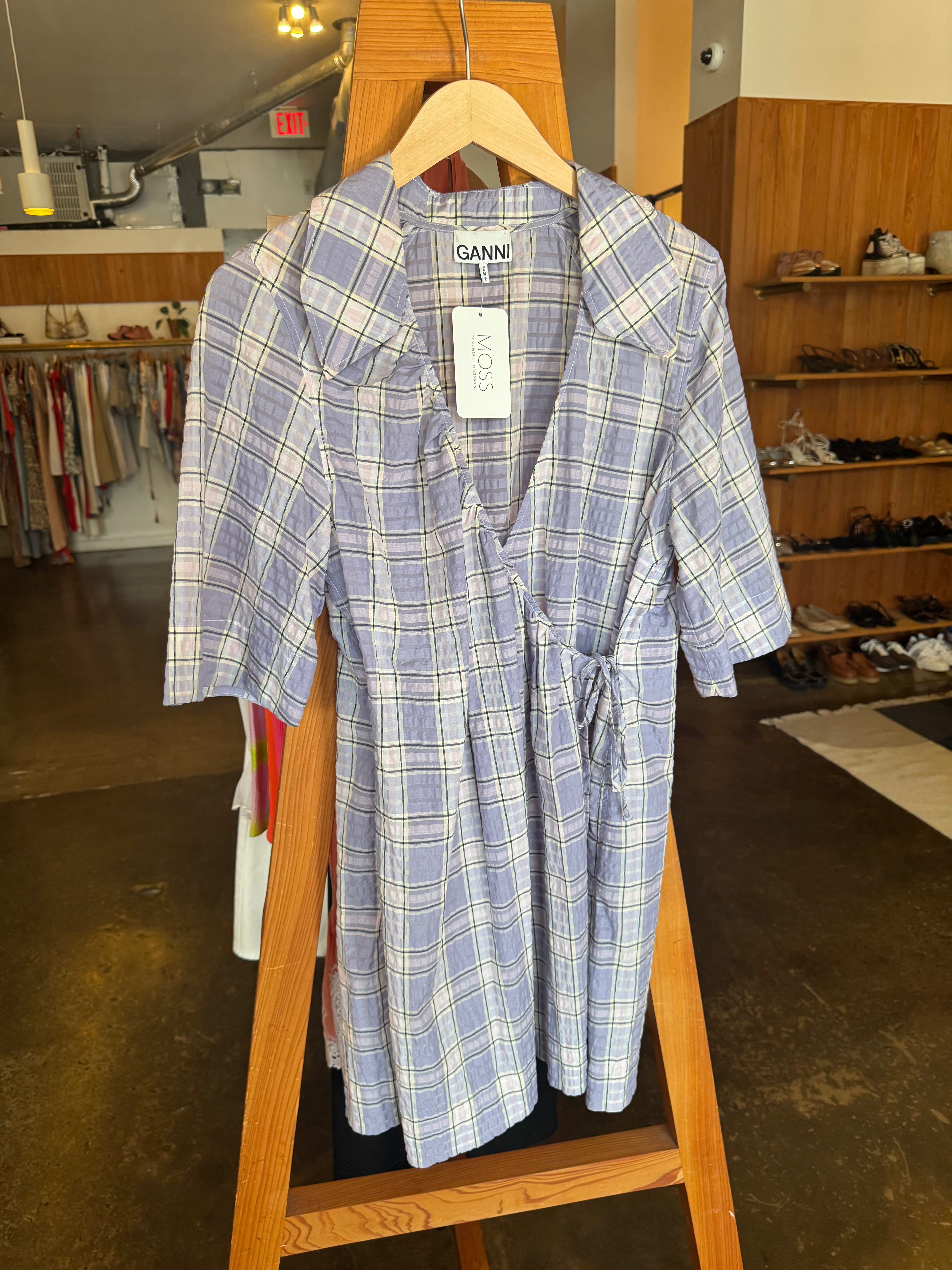 GANNI Lilac Plaid Mid Sleeve Wrap Mini Dress