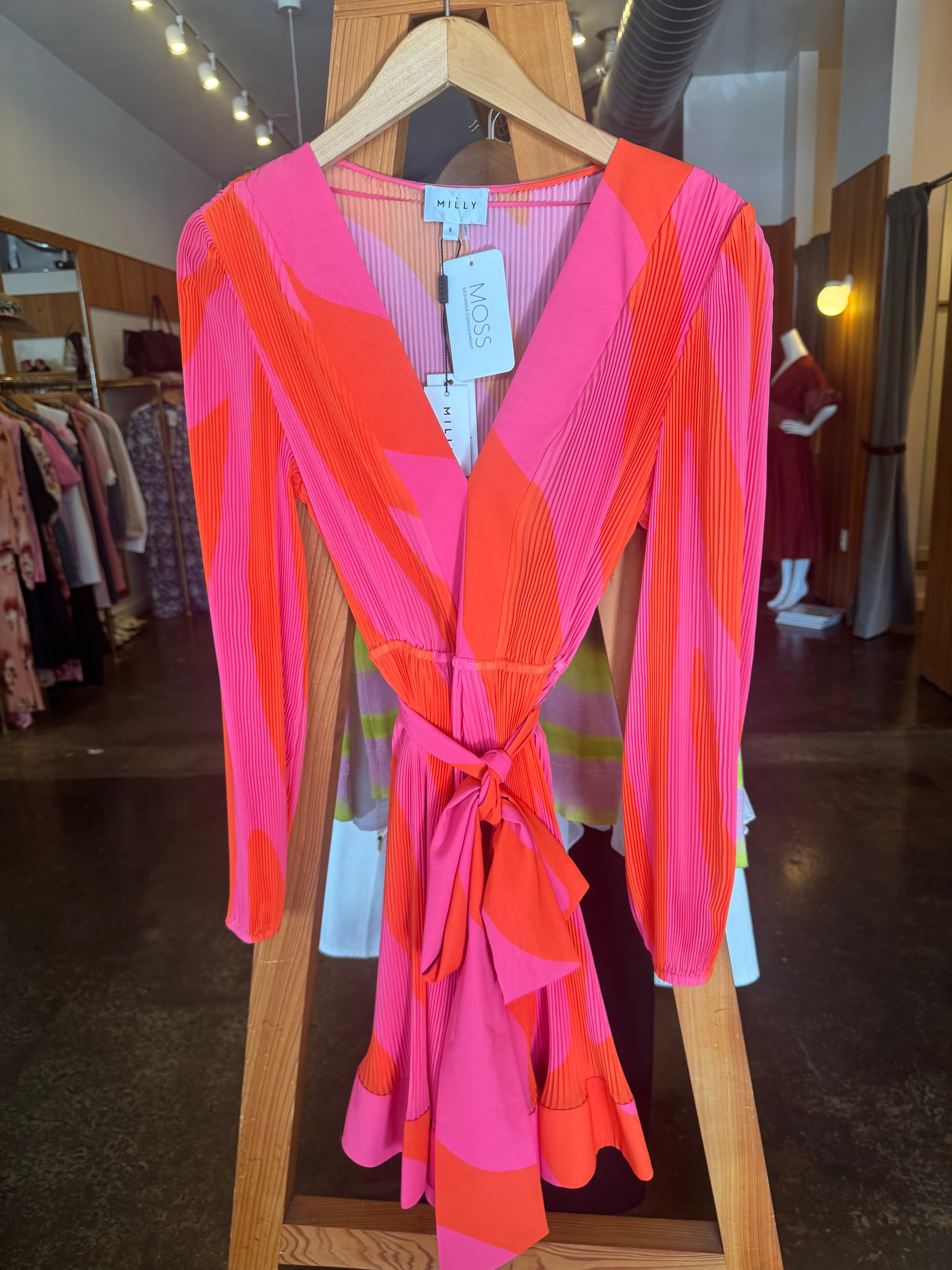 MILLY Pink/Orange Pleated LS Mini Dress