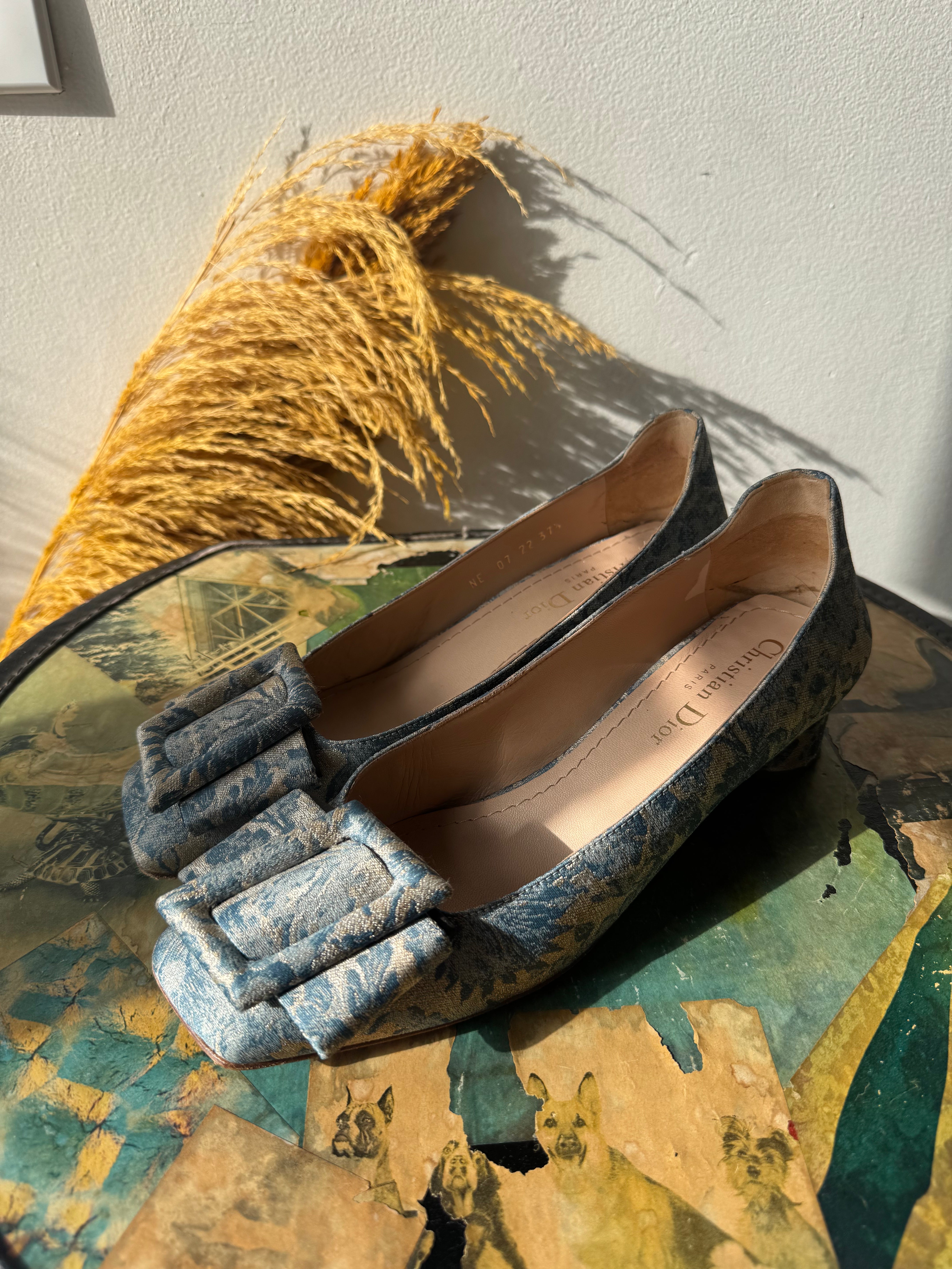 CHRISTIAN DIOR Blue/Silver Jacquard Buckle Front Pumps