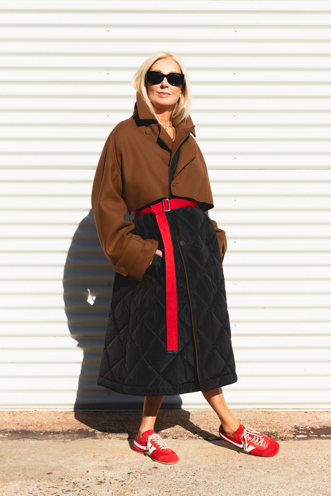 PLAN C Tri Color Wool & Quilted Nylon Coat W/ Belt (Sz.M)