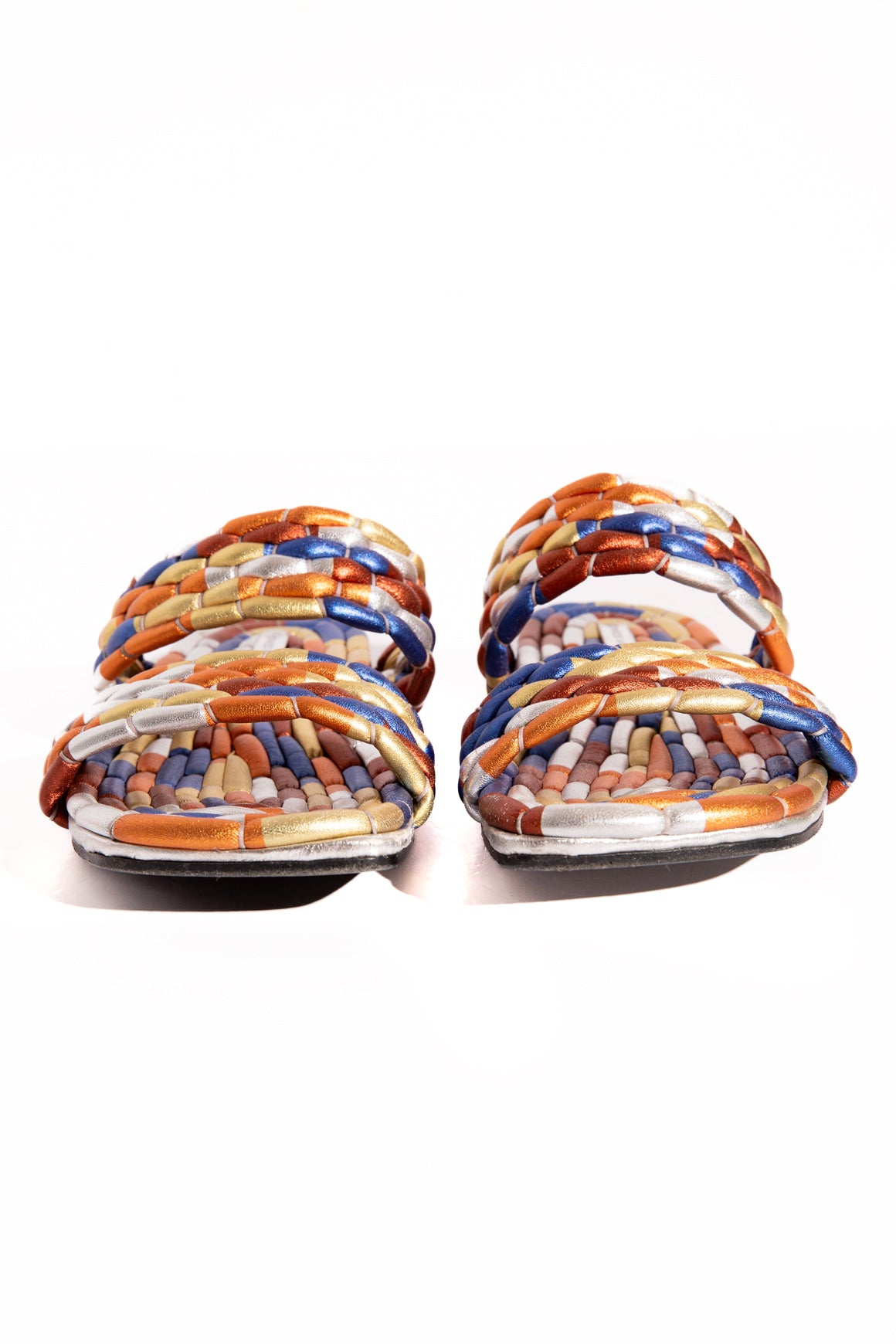 DRIES VAN NOTEN Multicolor Metallic Braided Leather Slides (Sz. 38)