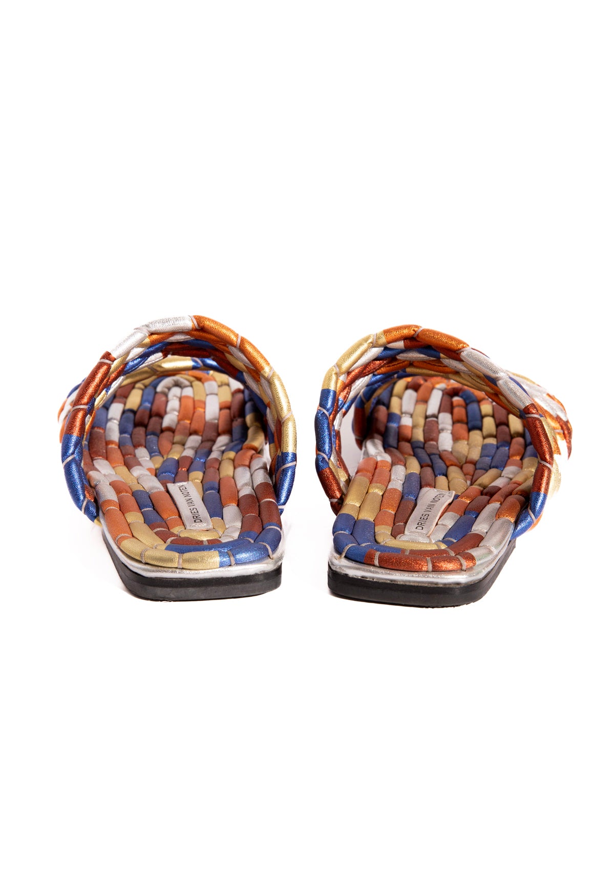 DRIES VAN NOTEN Multicolor Metallic Braided Leather Slides (Sz. 38)