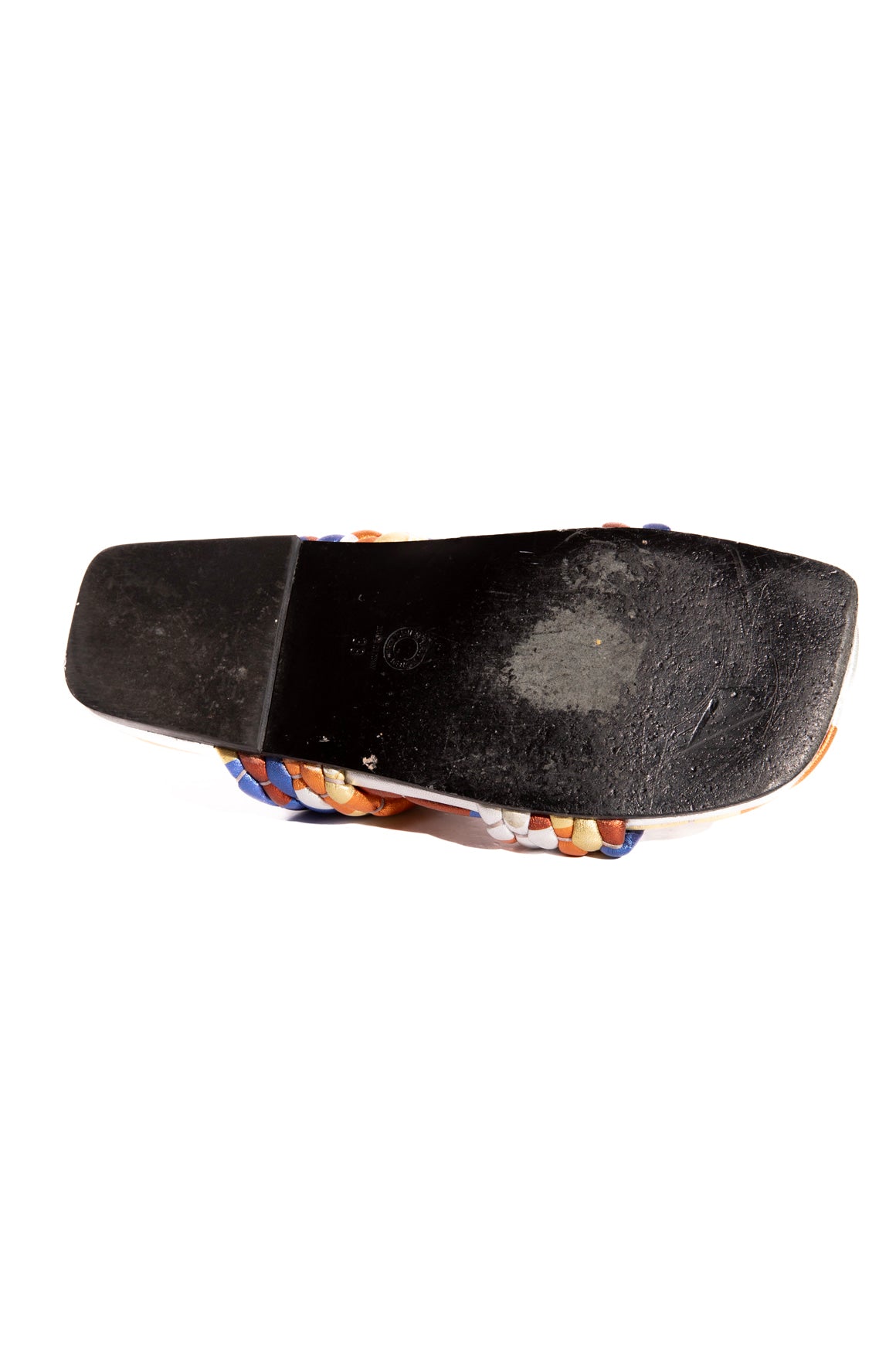 DRIES VAN NOTEN Multicolor Metallic Braided Leather Slides (Sz. 38)