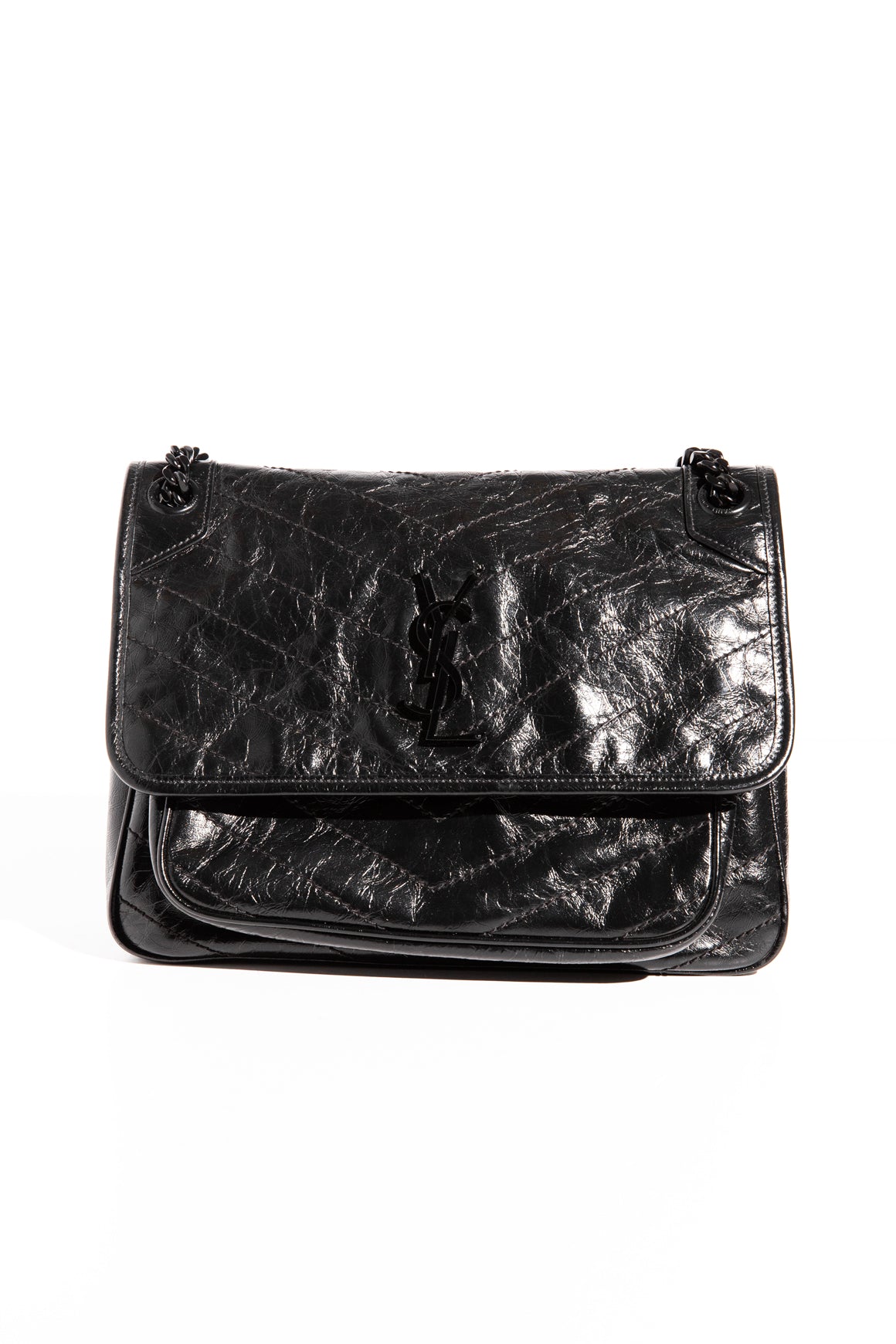 SAINT LAURENT Black Niki Flap Bag in Crinkled Leather