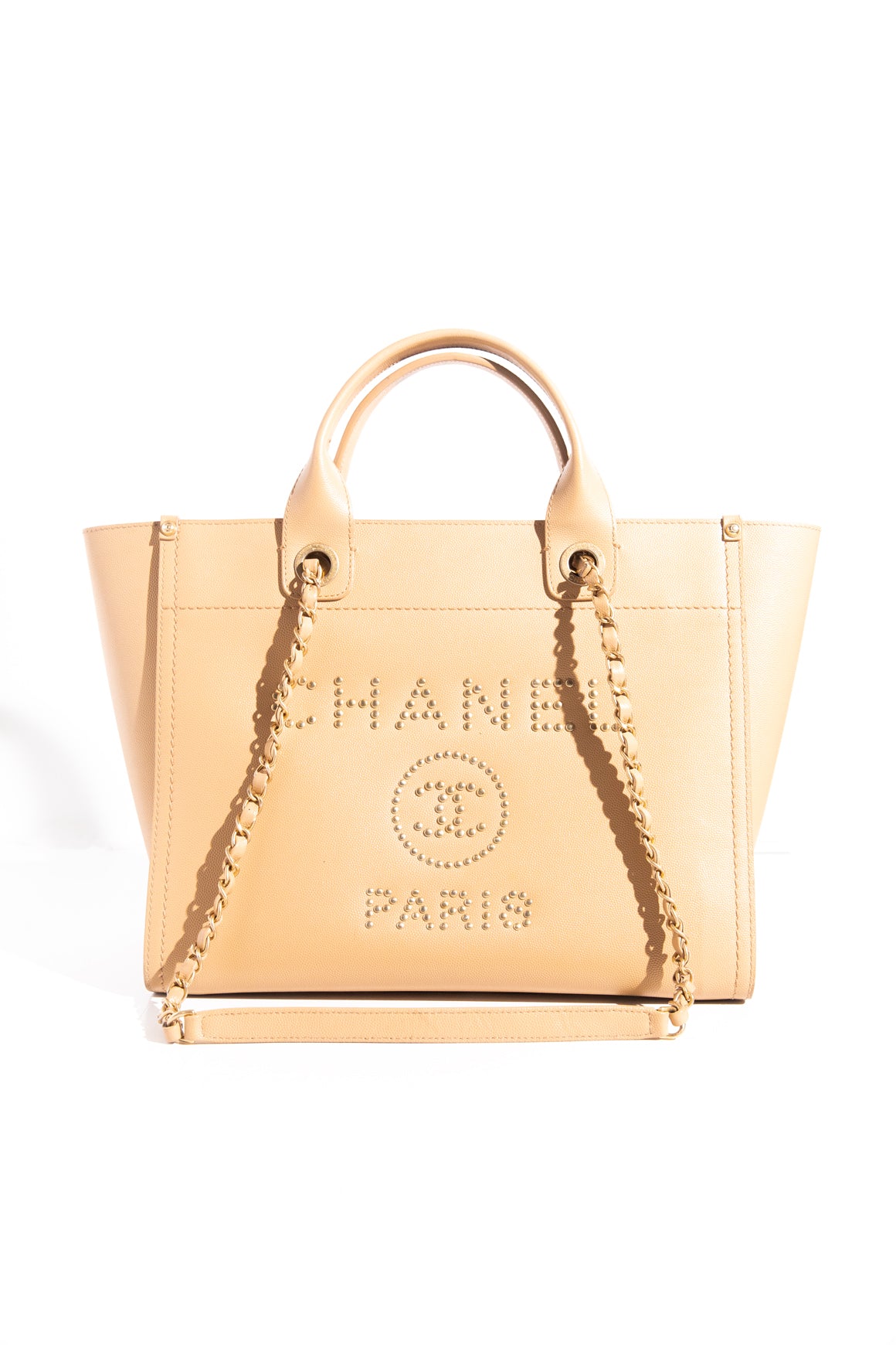 CHANEL Beige Studded Leather Deauville Tote