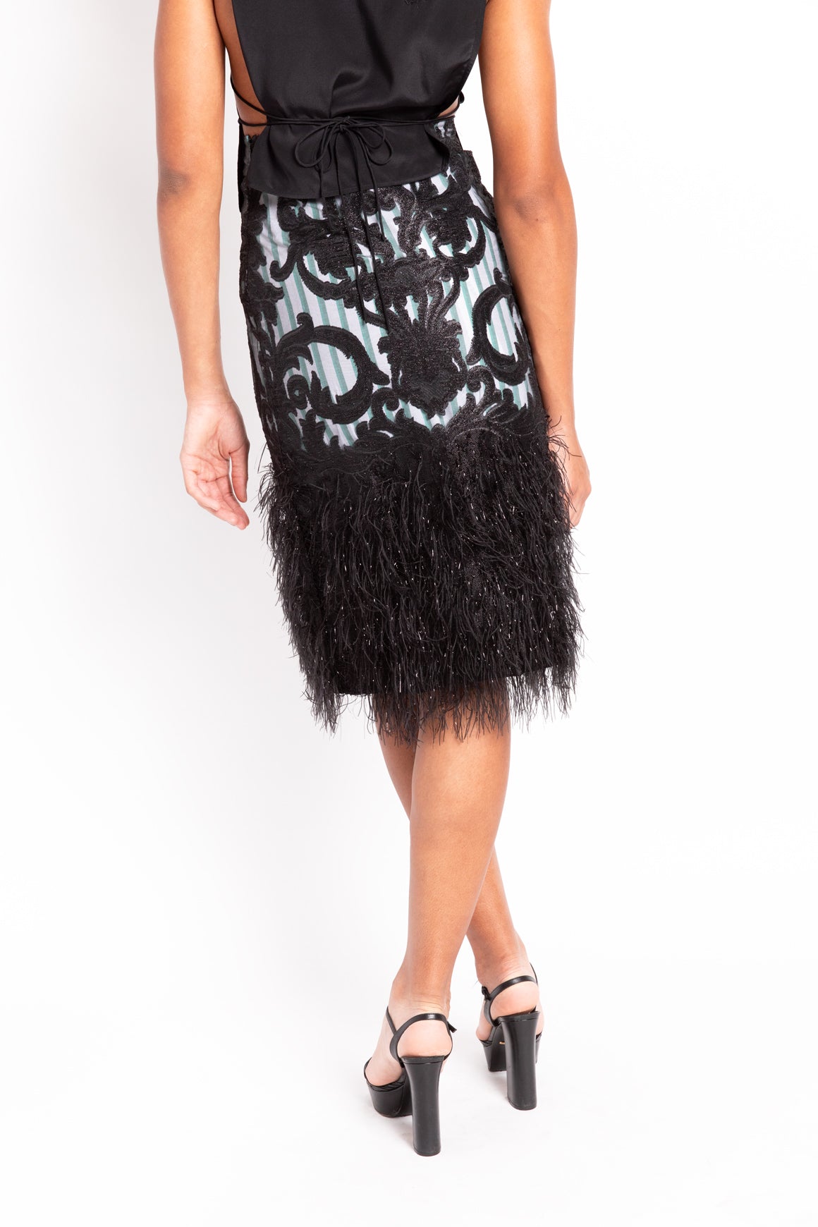 GANNI Black & Green Layered Feathers Midi Skirt