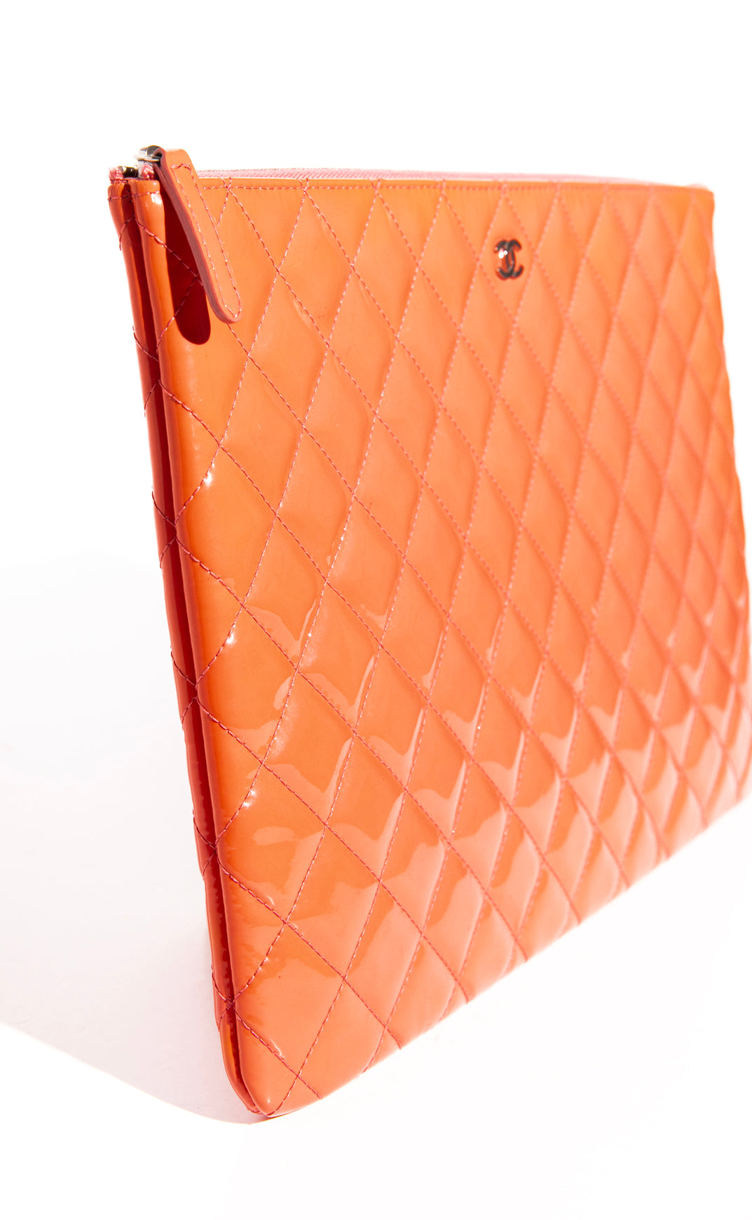 CHANEL Coral Patent Quilted O Clutch