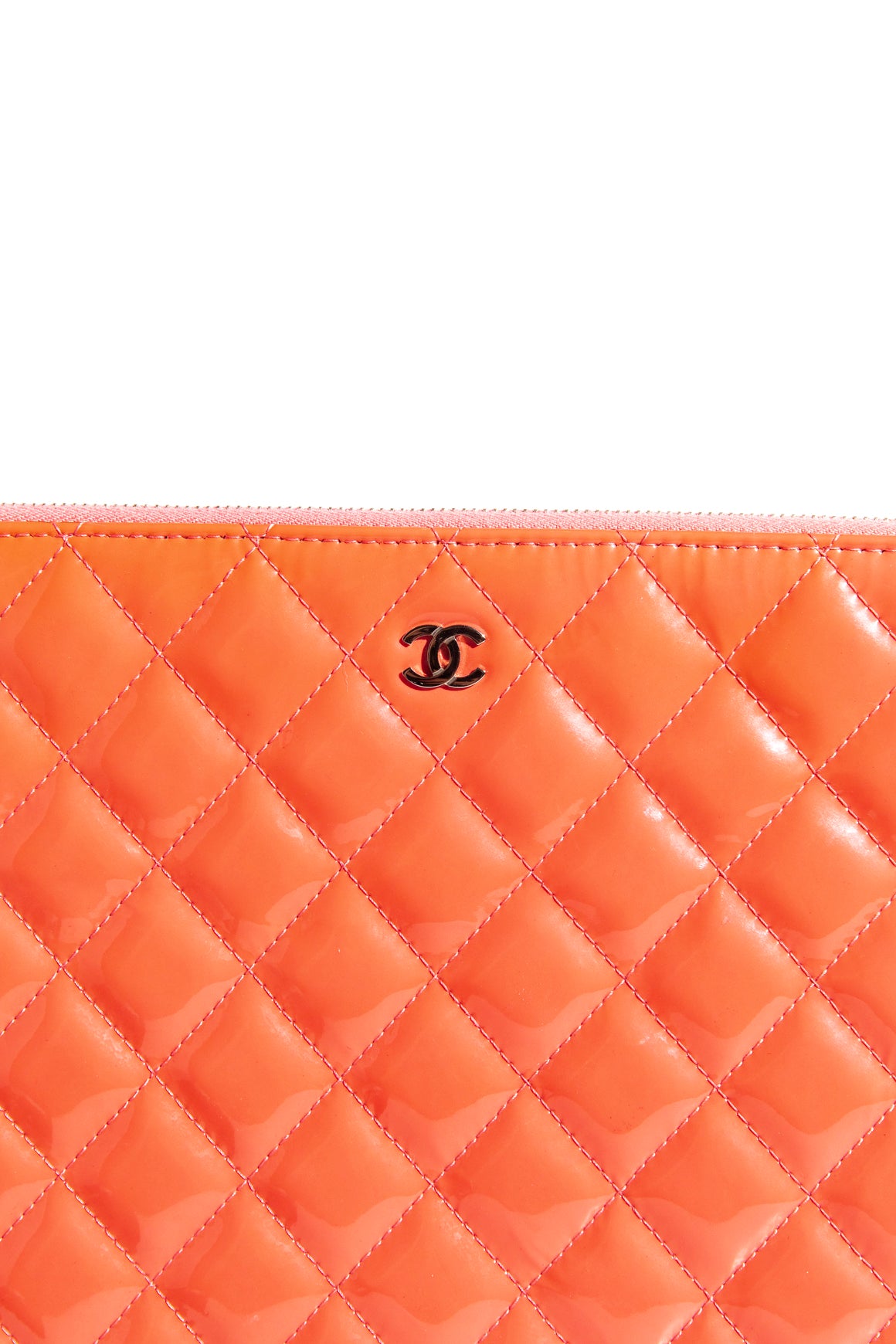 CHANEL Coral Patent Quilted O Clutch