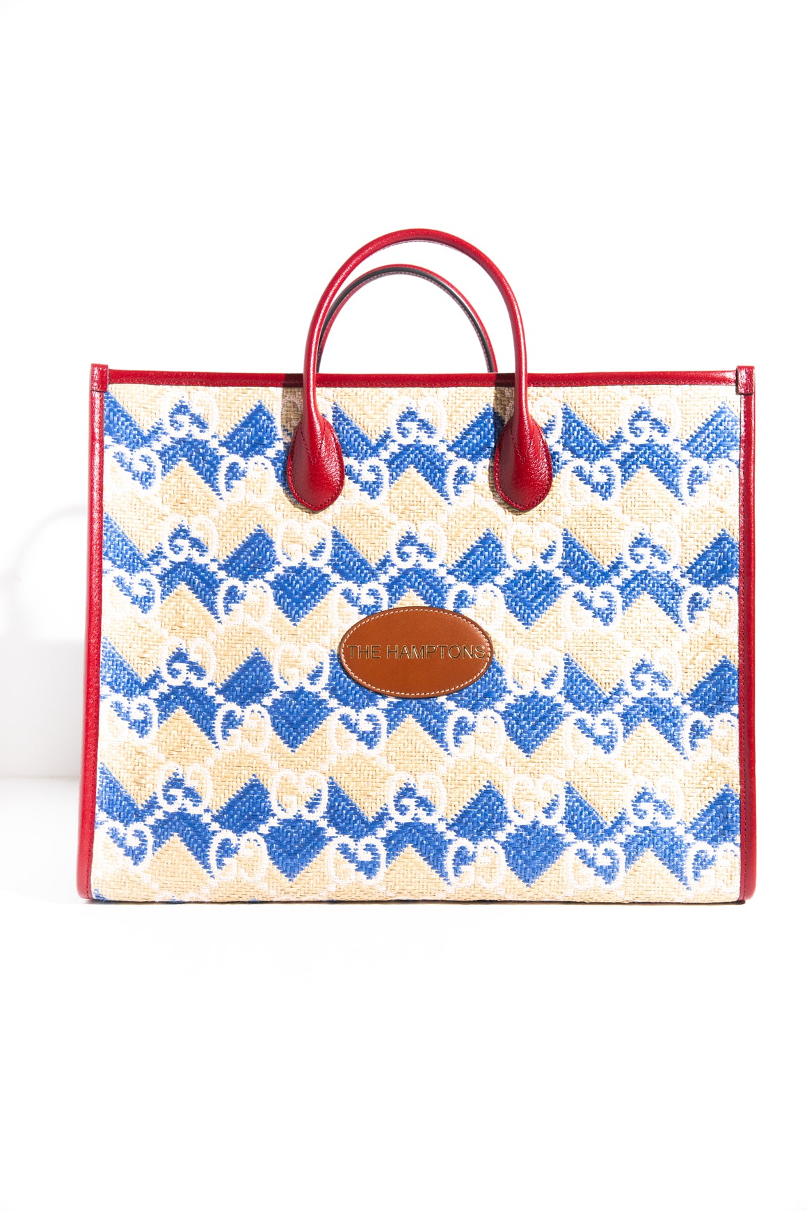 GUCCI Blue Red Tan Raffia "The Hamptons" Tote