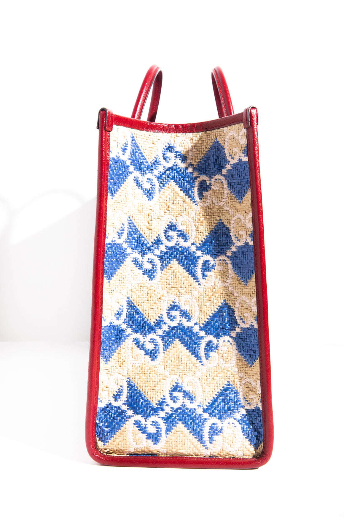 GUCCI Blue Red Tan Raffia "The Hamptons" Tote