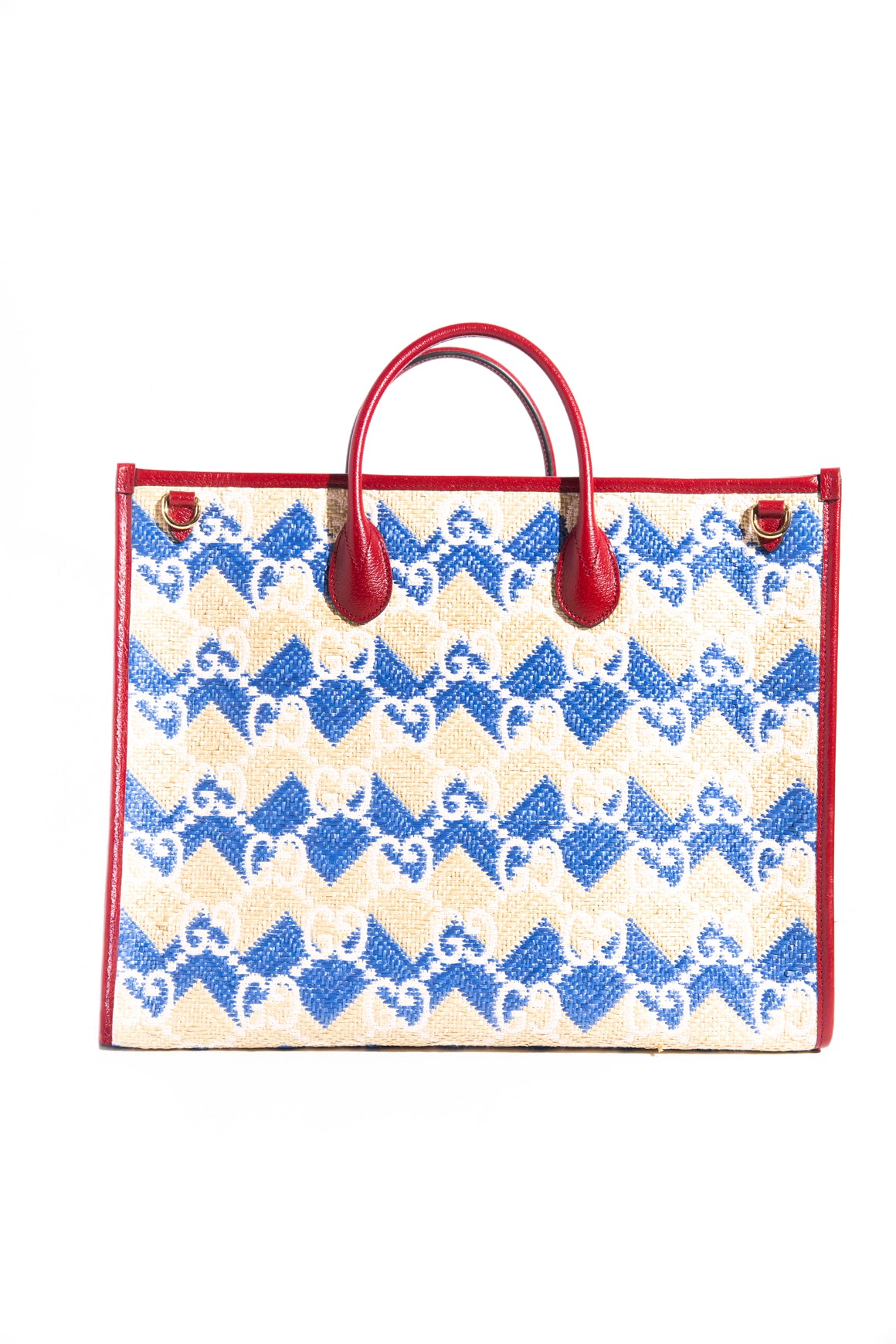 GUCCI Blue Red Tan Raffia "The Hamptons" Tote