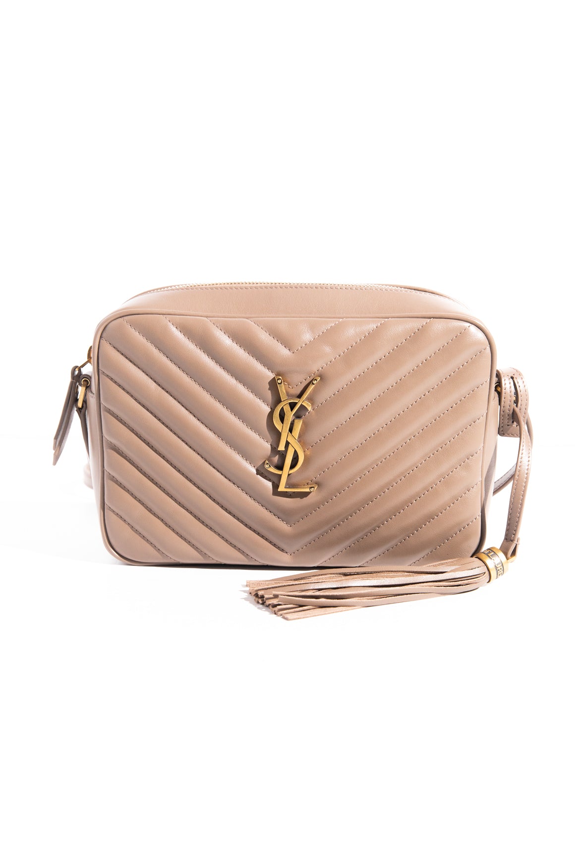 SAINT LAURENT Dark Beige Lou Camera Bag in Quilted Leather