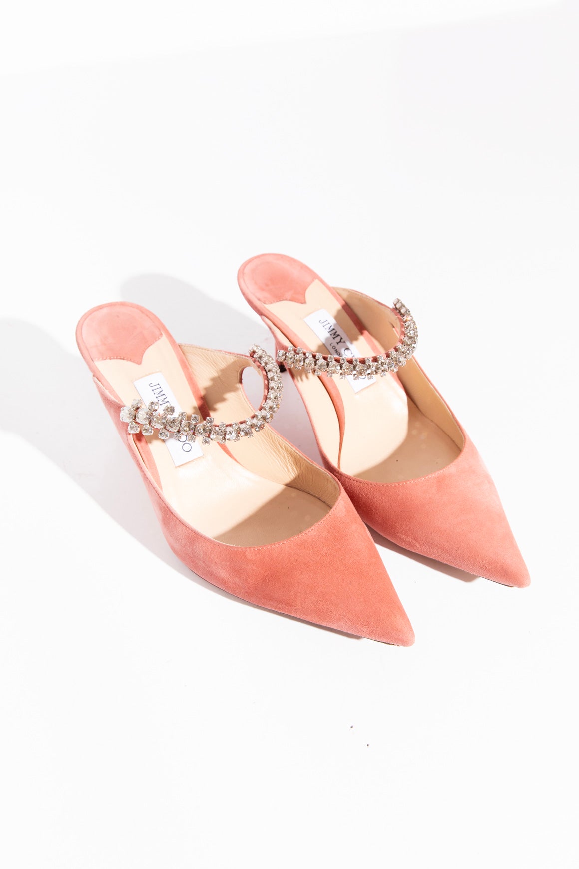 JIMMY CHOO Suede Crystal Strap Heeled Mules (Sz. 39.5)