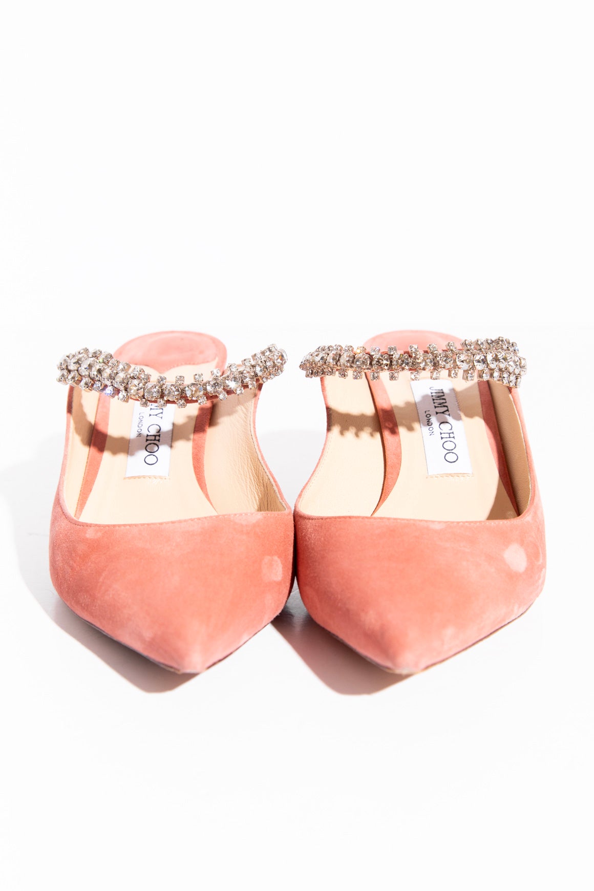 JIMMY CHOO Suede Crystal Strap Heeled Mules (Sz. 39.5)