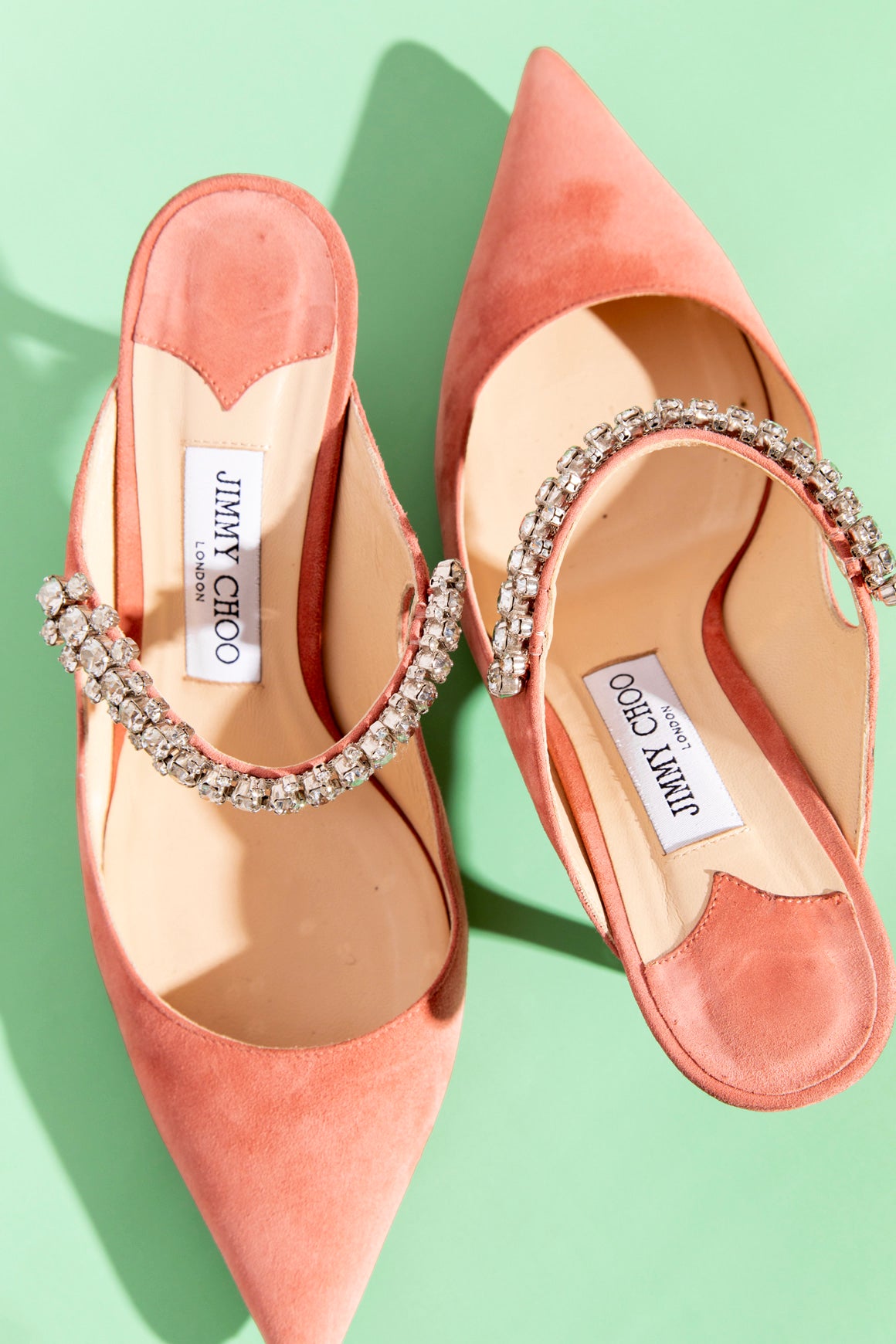 JIMMY CHOO Suede Crystal Strap Heeled Mules (Sz. 39.5)