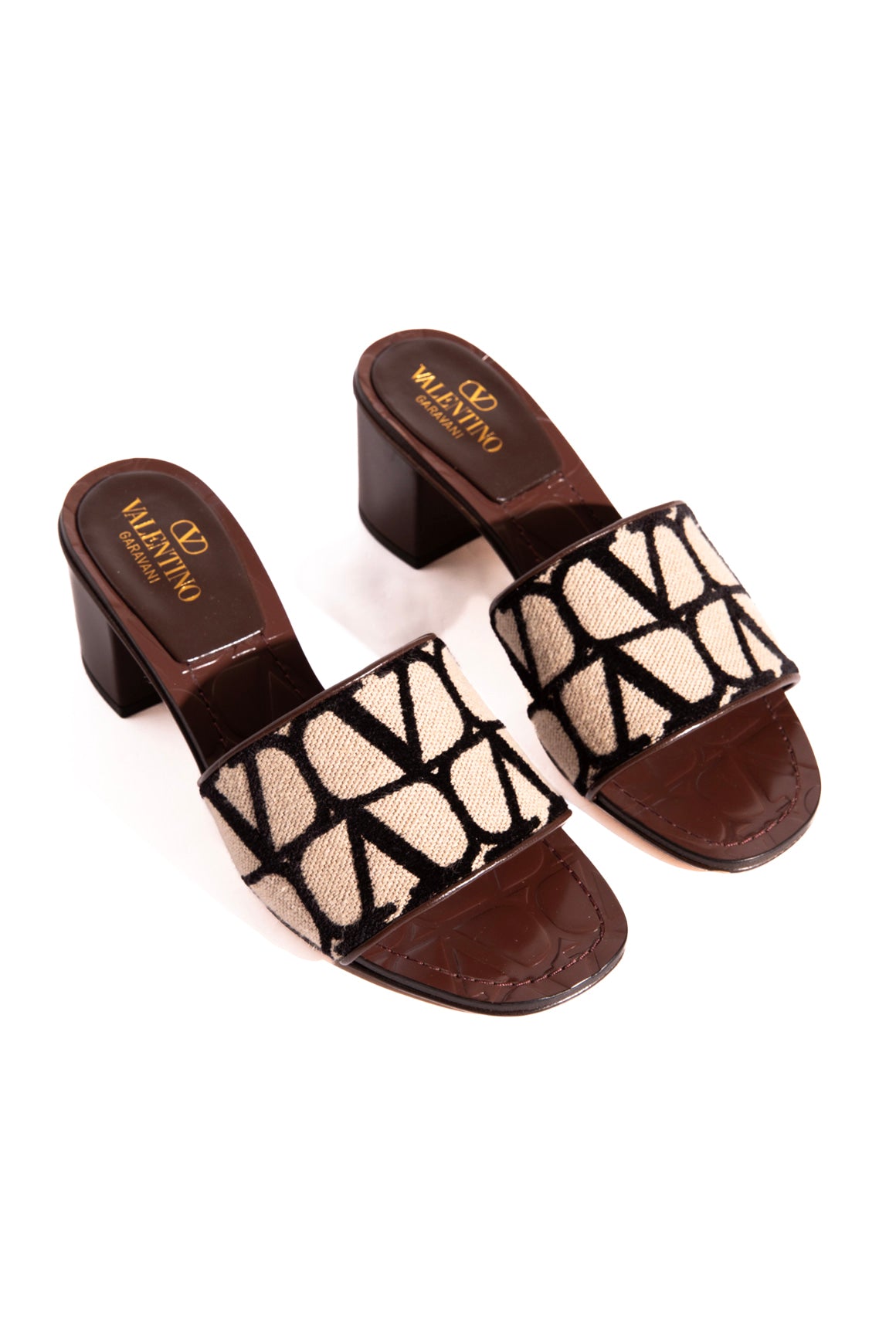 VALENTINO Monogrammed Canvas Strap Block Heel Mules (Sz. 35.5)