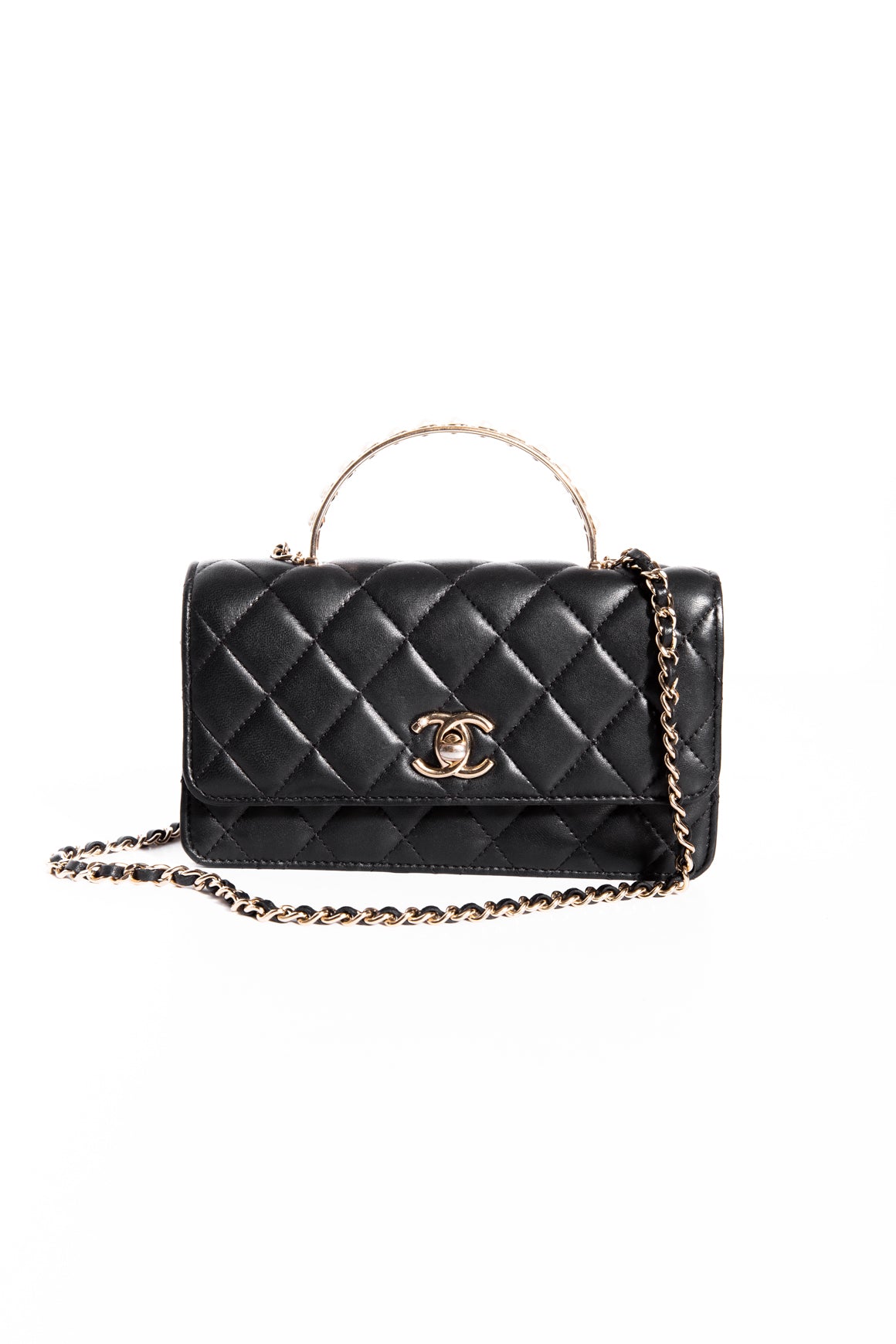 CHANEL Black Quilted Pearl Top Handle Wallet-on-Chain