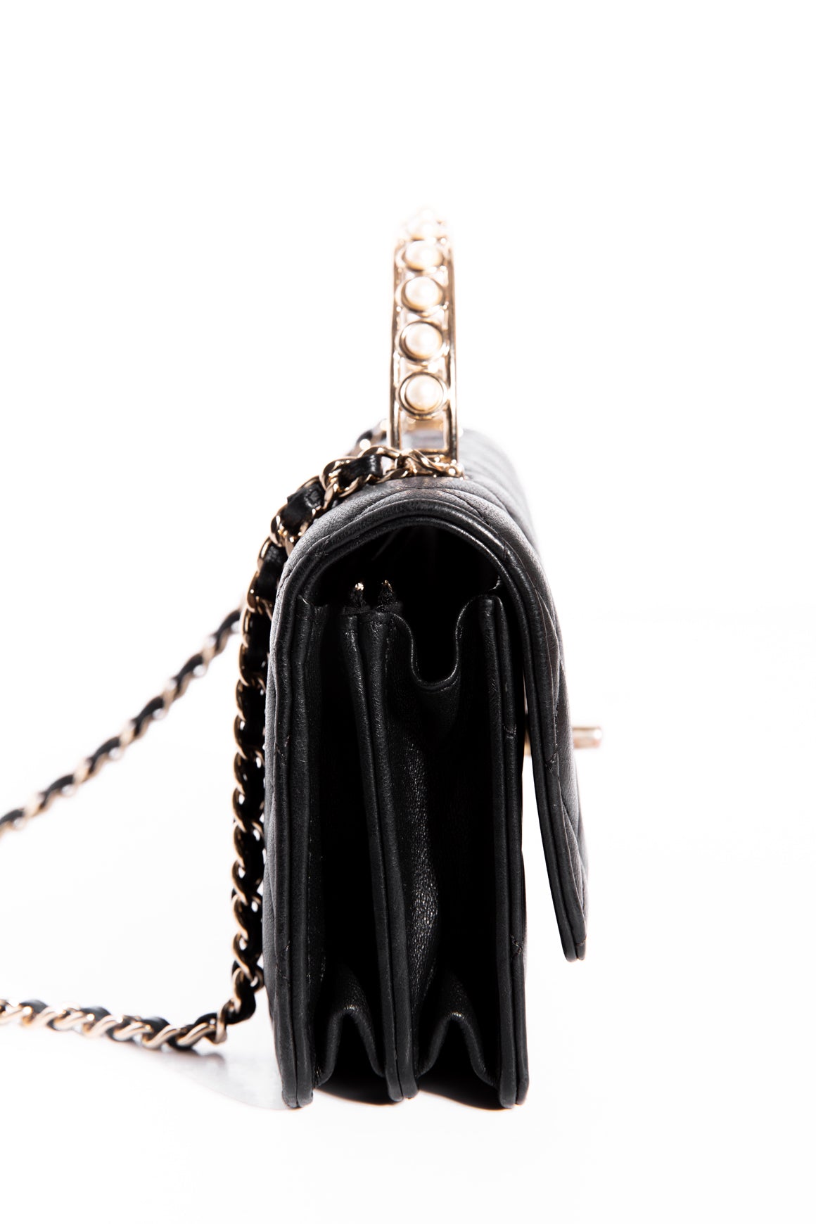 CHANEL Black Quilted Pearl Top Handle Wallet-on-Chain