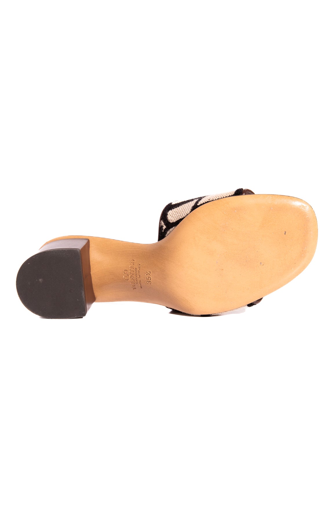 VALENTINO Monogrammed Canvas Strap Block Heel Mules (Sz. 35.5)