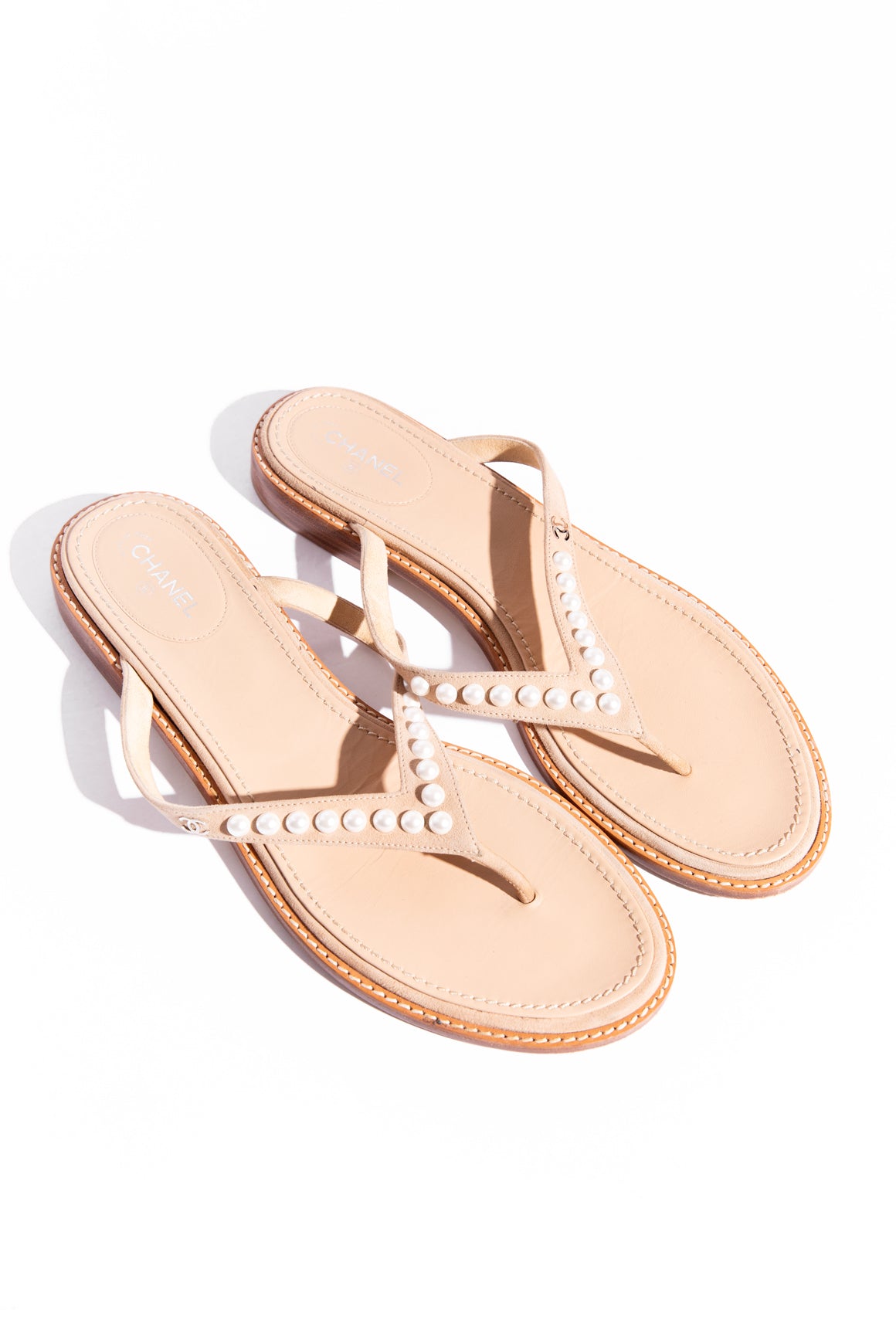 CHANEL Beige Suede Pearl Thong Sandals (Sz. 42)