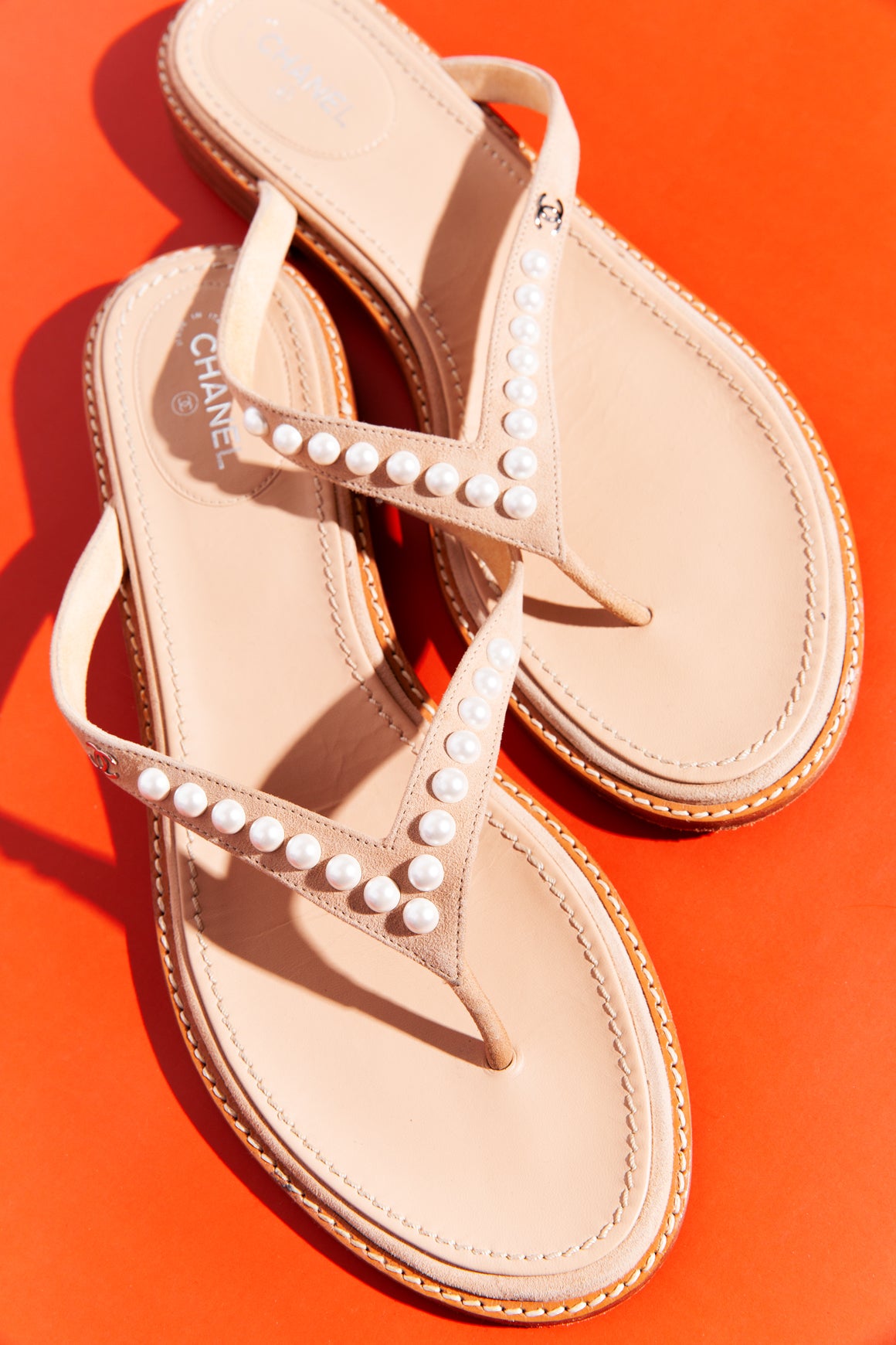 CHANEL Beige Suede Pearl Thong Sandals (Sz. 42)