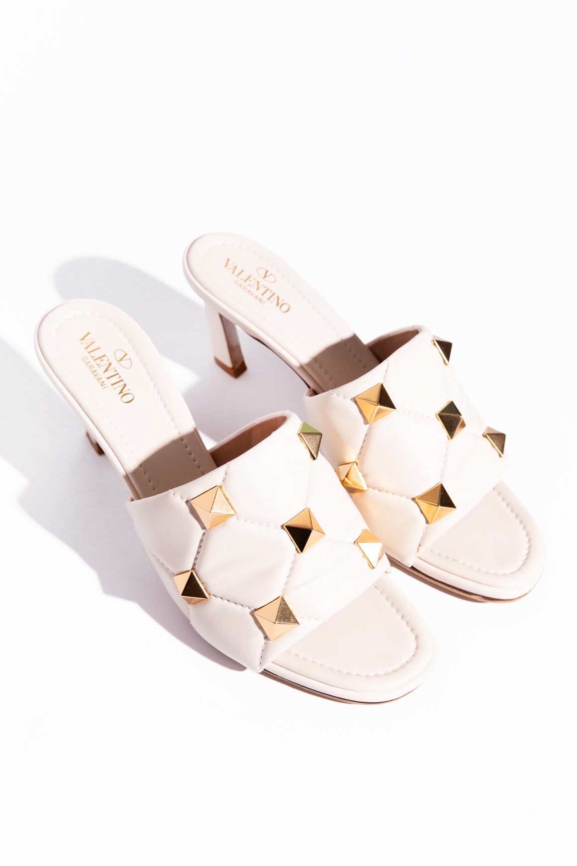 VALENTINO Cream "Roman Stud" Quilted Leather Mules (Sz. 40)