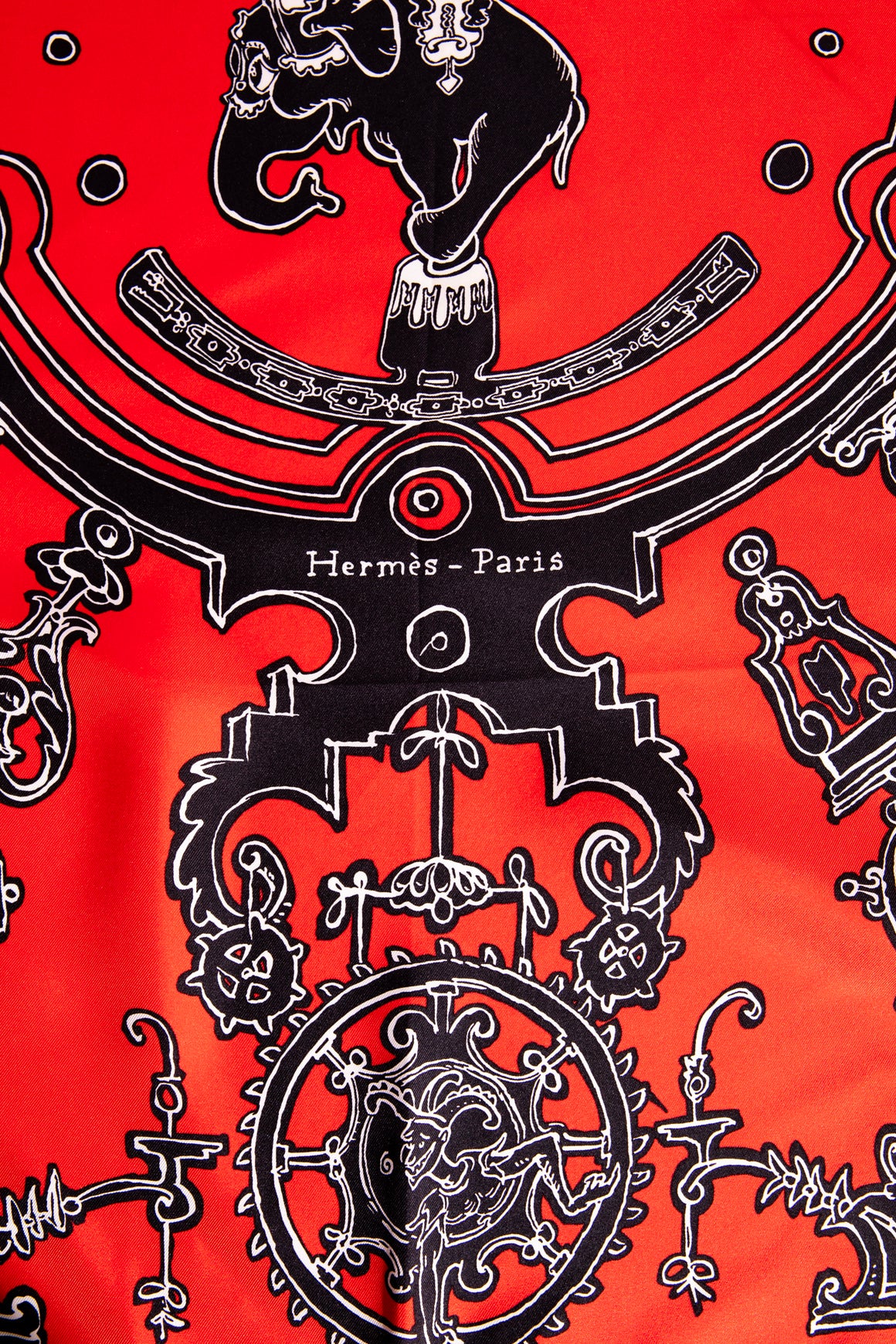 HERMES Red & Black "N. Buffe" Large Silk Scarf