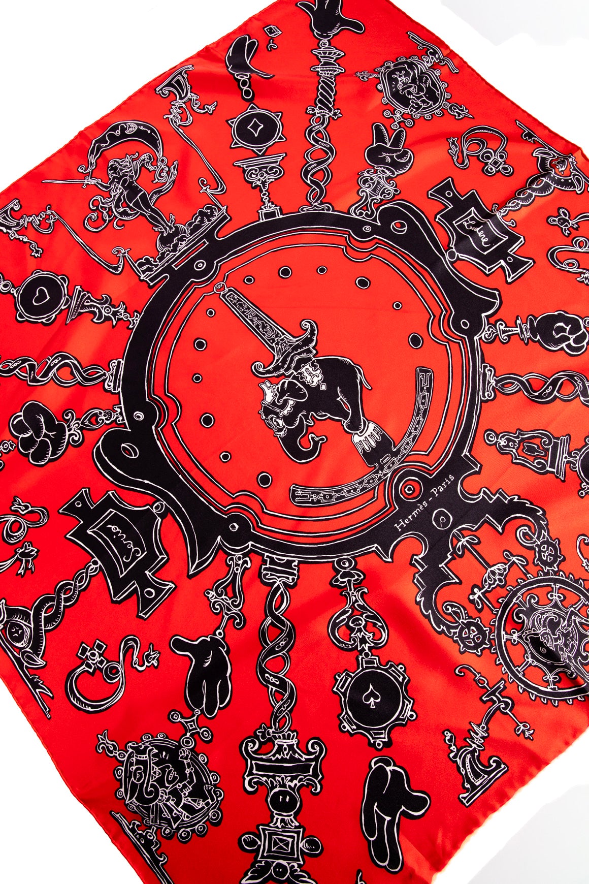 HERMES Red & Black "N. Buffe" Large Silk Scarf