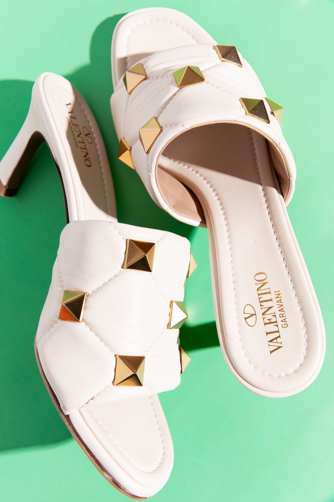 VALENTINO Cream "Roman Stud" Quilted Leather Mules (Sz. 40)