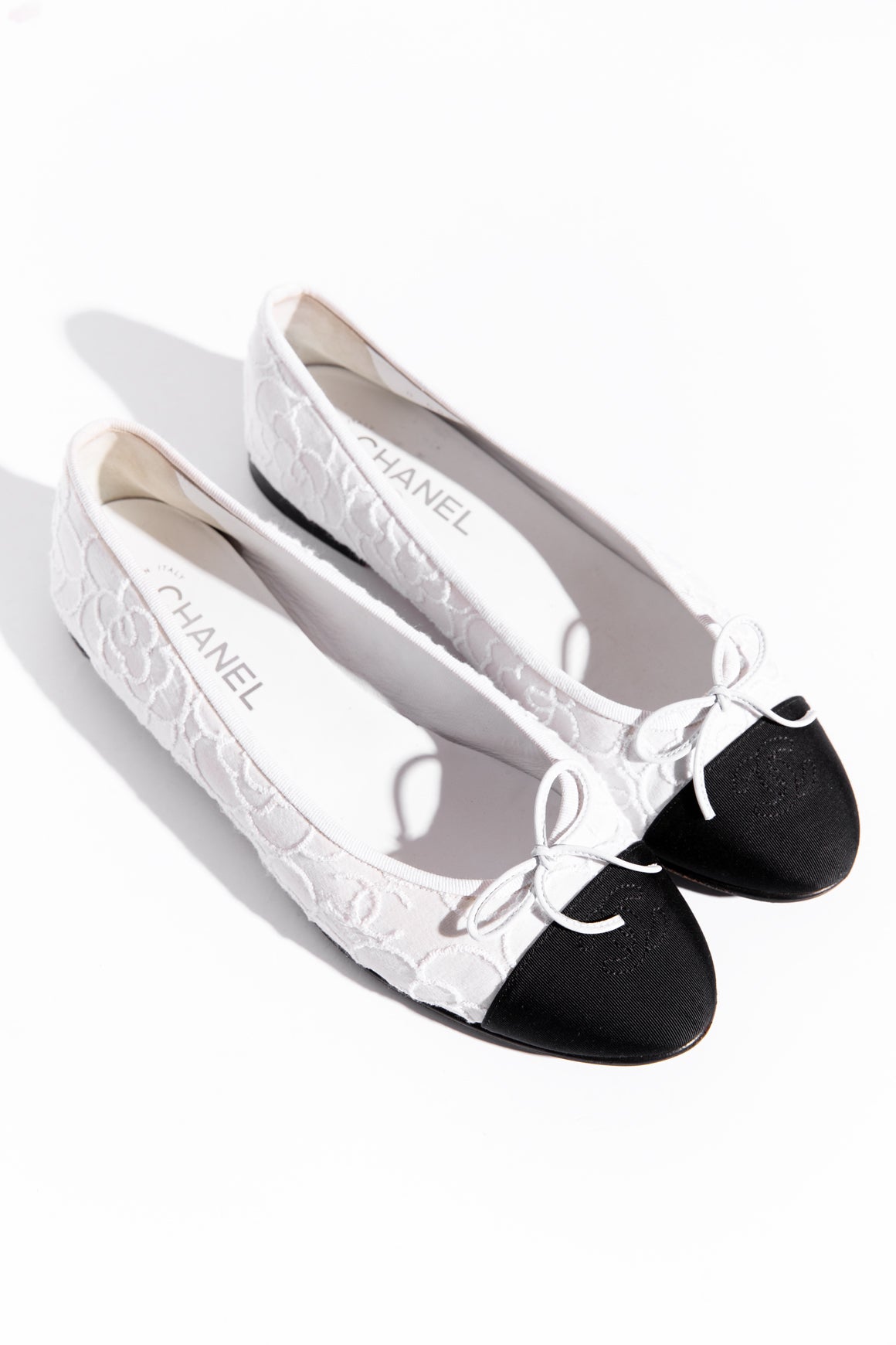 CHANEL Black & White Fabric Camellia Ballerina Flats (Sz. 40)