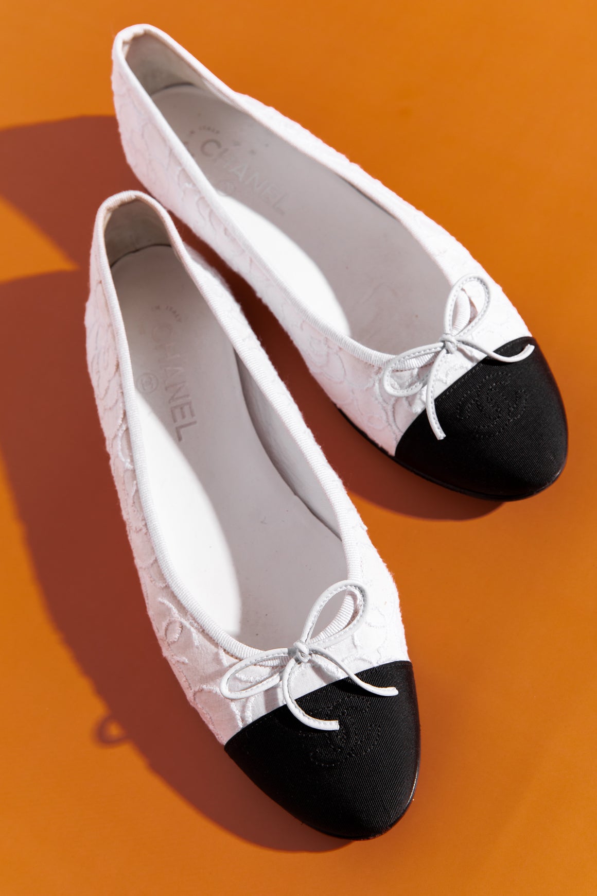 CHANEL Black & White Fabric Camellia Ballerina Flats (Sz. 40)