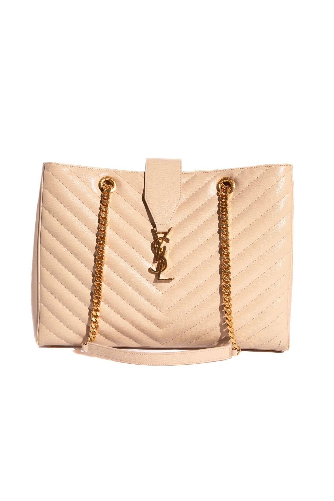 SAINT LAURENT Beige Chevron Shopper Tote