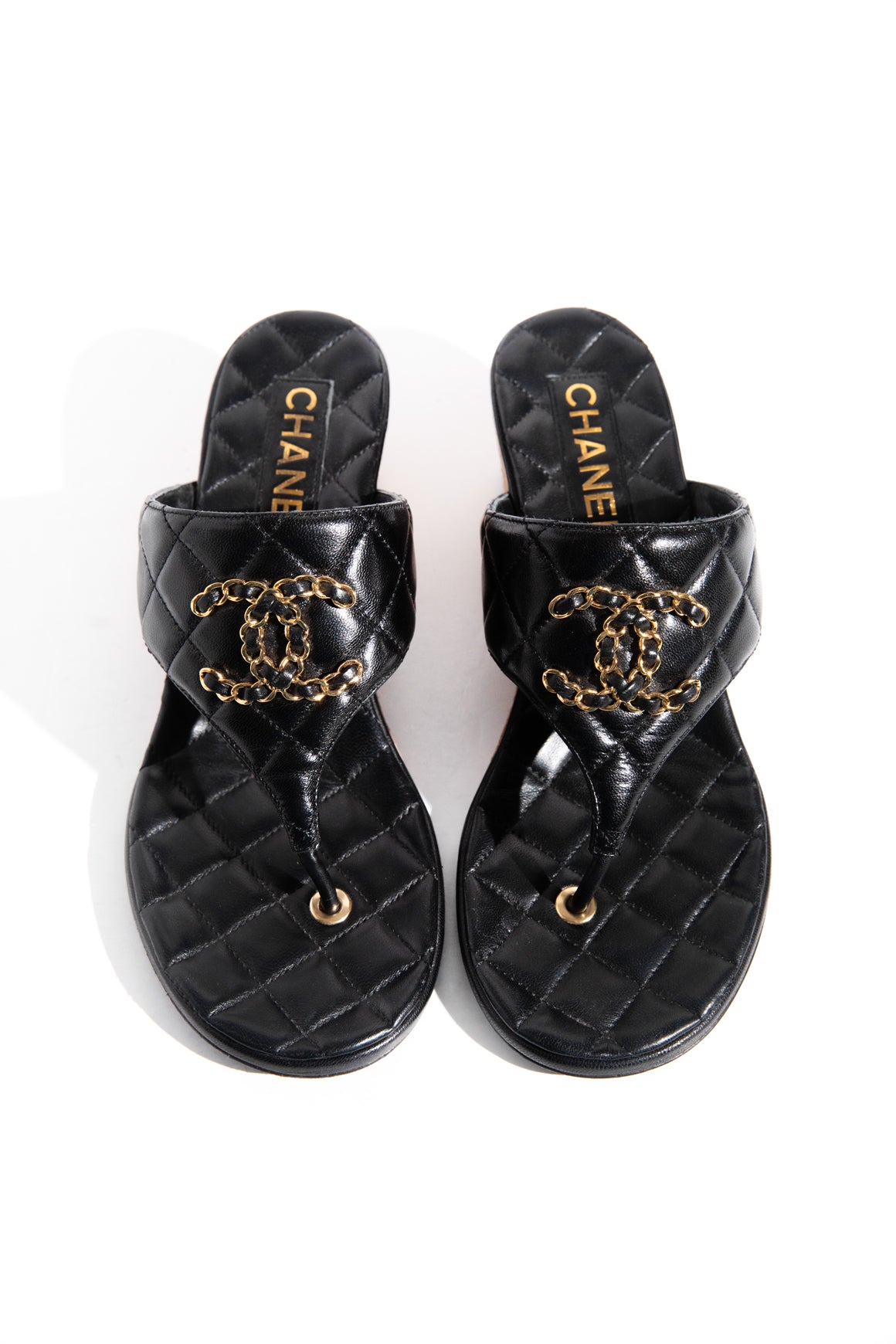 CHANEL Black Goatskin Cork CC Wedge Sandals (Sz. 38)