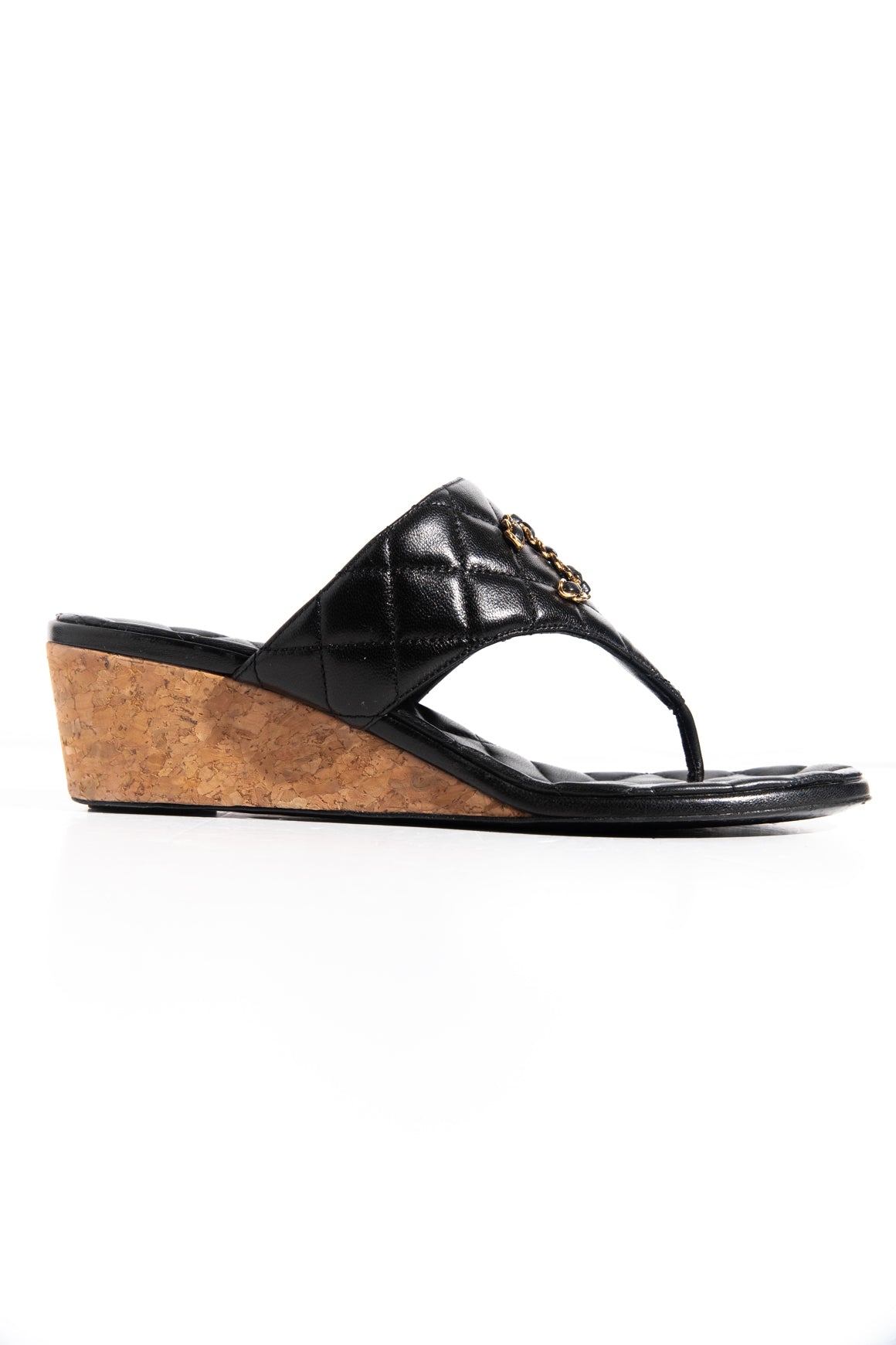 CHANEL Black Goatskin Cork CC Wedge Sandals (Sz. 38)