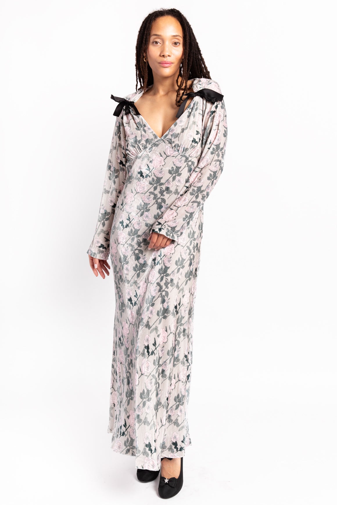 BERNADETTE Green Floral Velvet "Mathilda" Maxi Dress