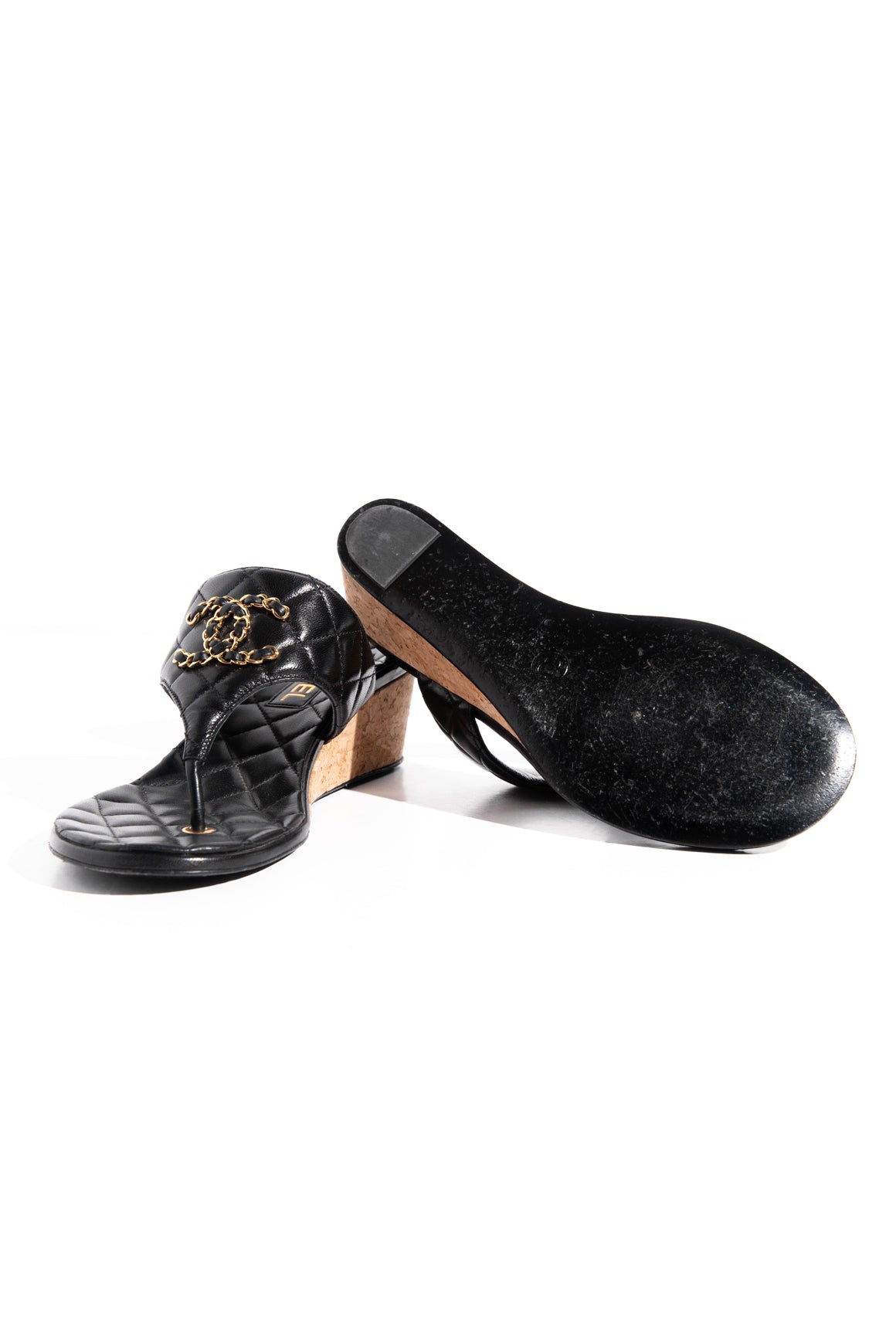 CHANEL Black Goatskin Cork CC Wedge Sandals (Sz. 38)