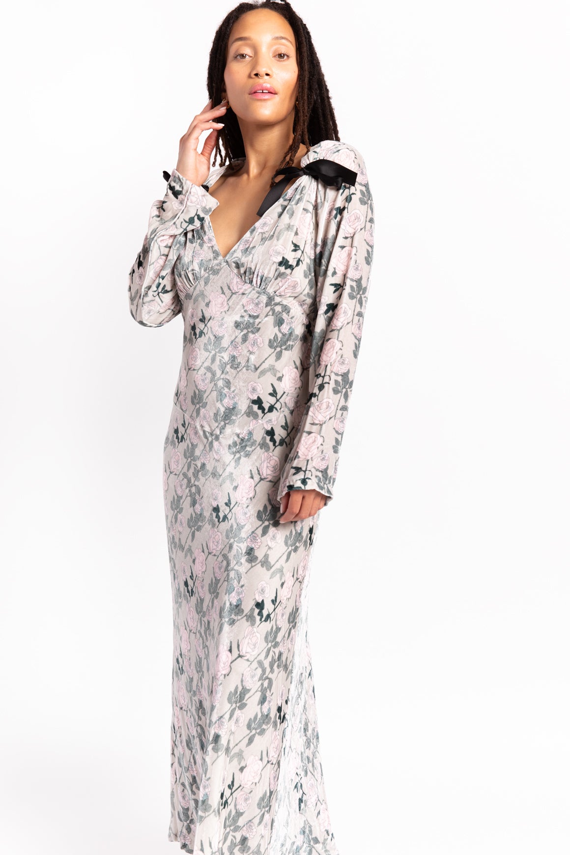 BERNADETTE Green Floral Velvet "Mathilda" Maxi Dress