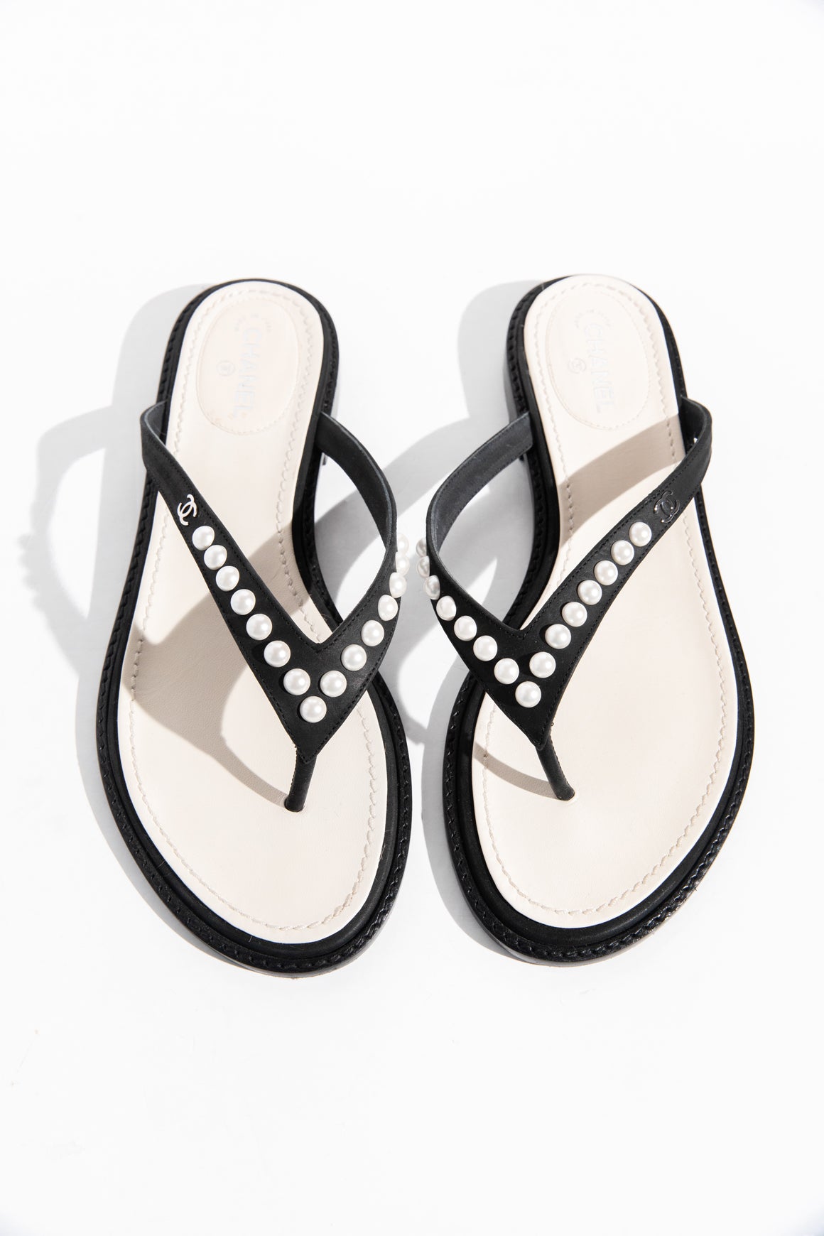 CHANEL Black + Cream Faux Pearl Thong Sandals (Sz. 38 1/2)