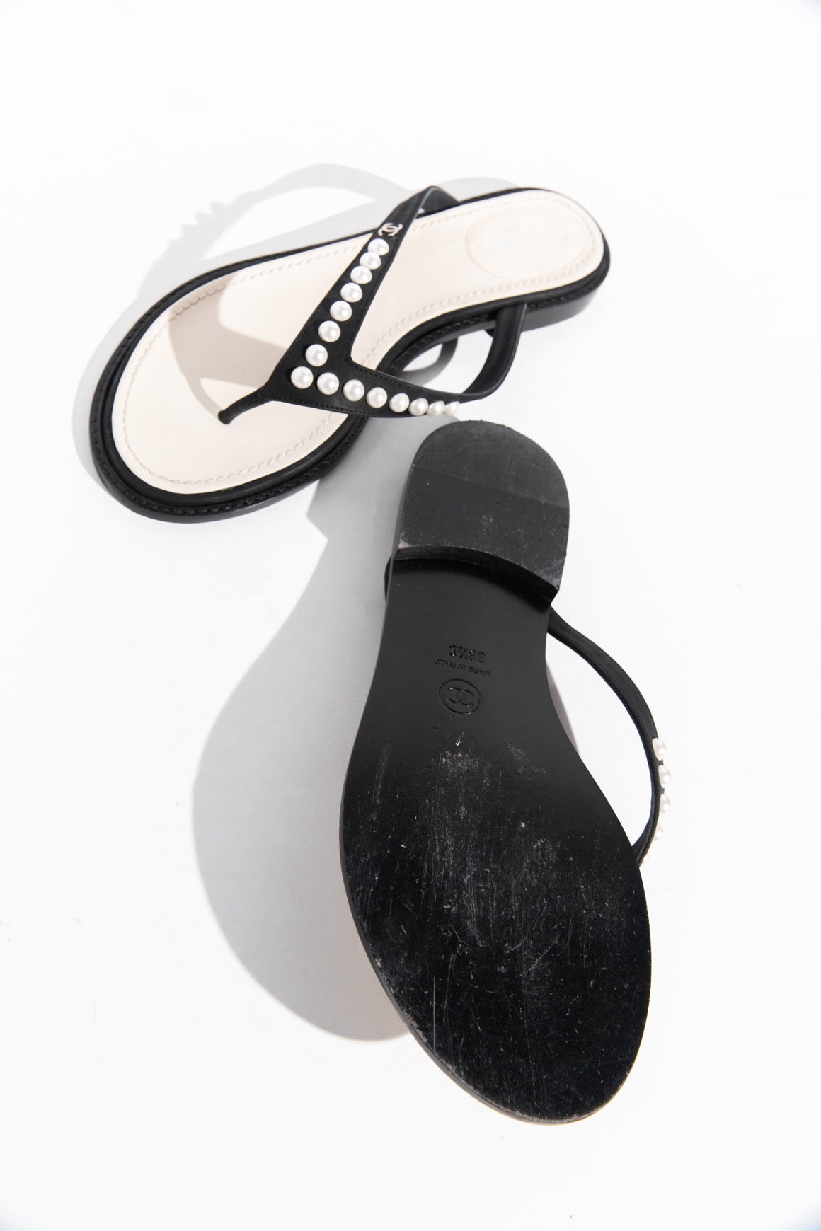 CHANEL Black + Cream Faux Pearl Thong Sandals (Sz. 38 1/2)