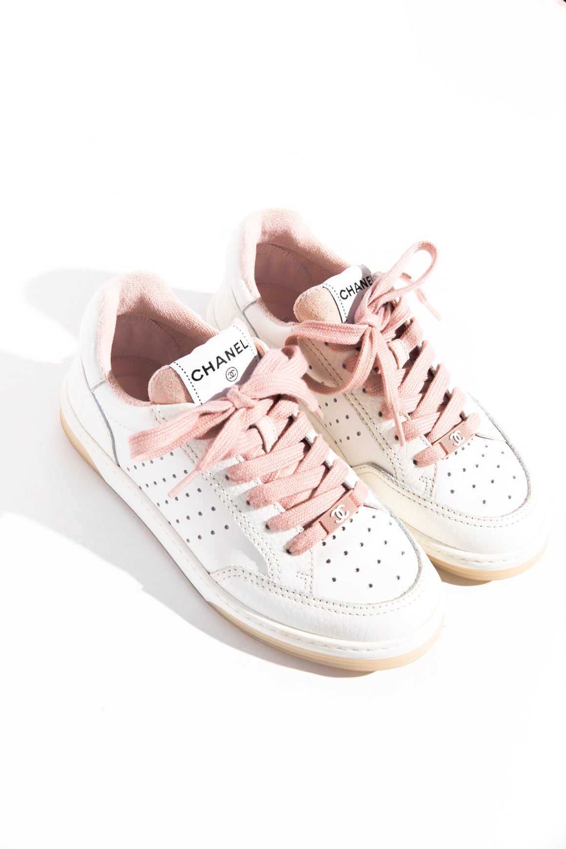 CHANEL White Leather Pink Laces Sneakers (Sz. 36 1/2)