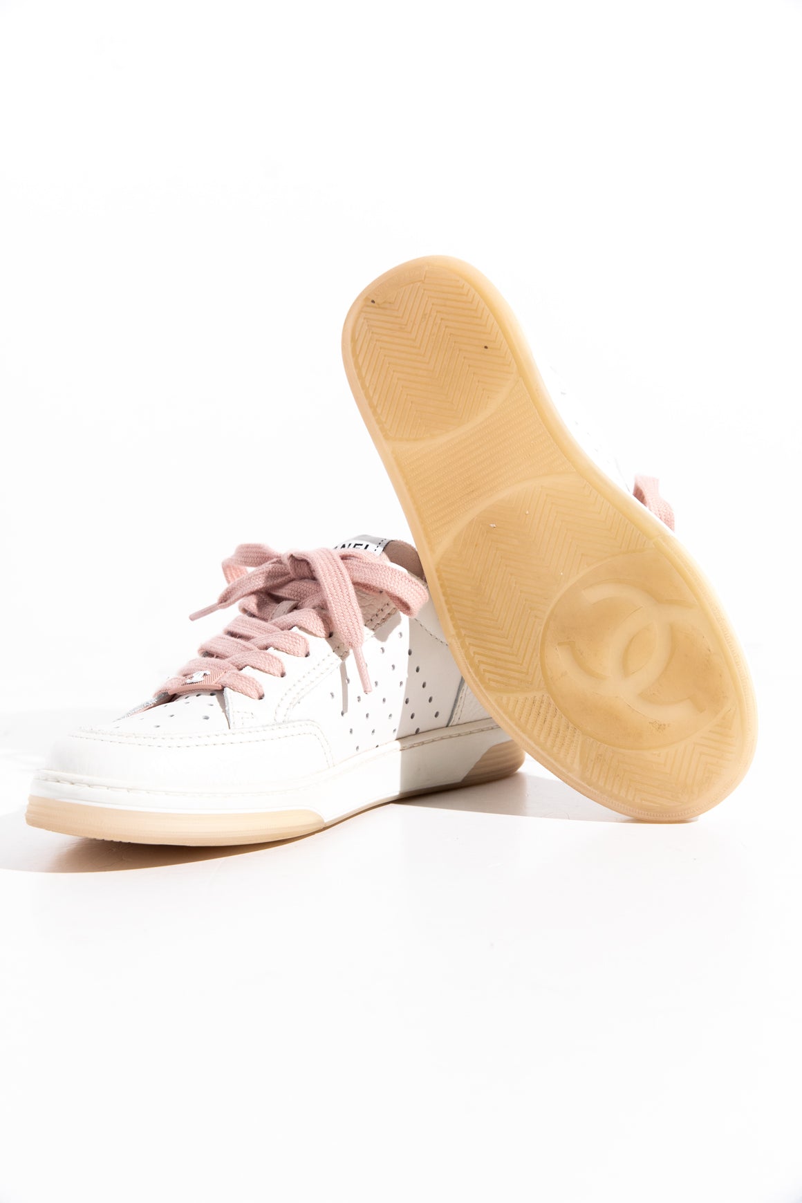 CHANEL White Leather Pink Laces Sneakers (Sz. 36 1/2)