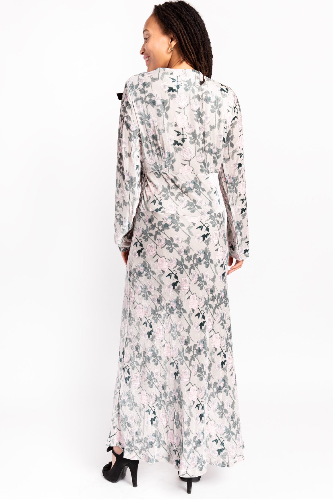 BERNADETTE Green Floral Velvet "Mathilda" Maxi Dress