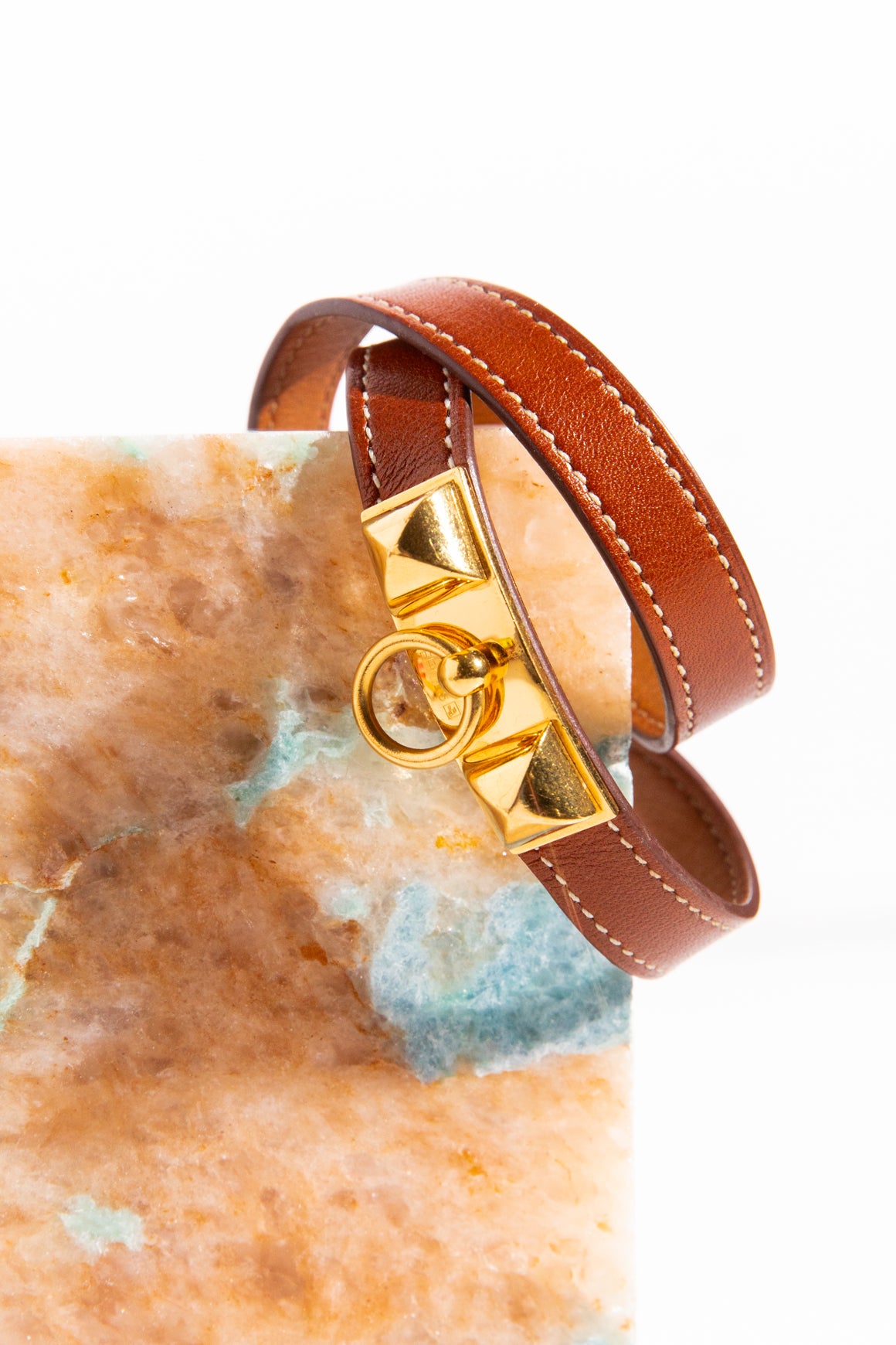 HERMES Brown Leather Rivale Double Tour Bracelet