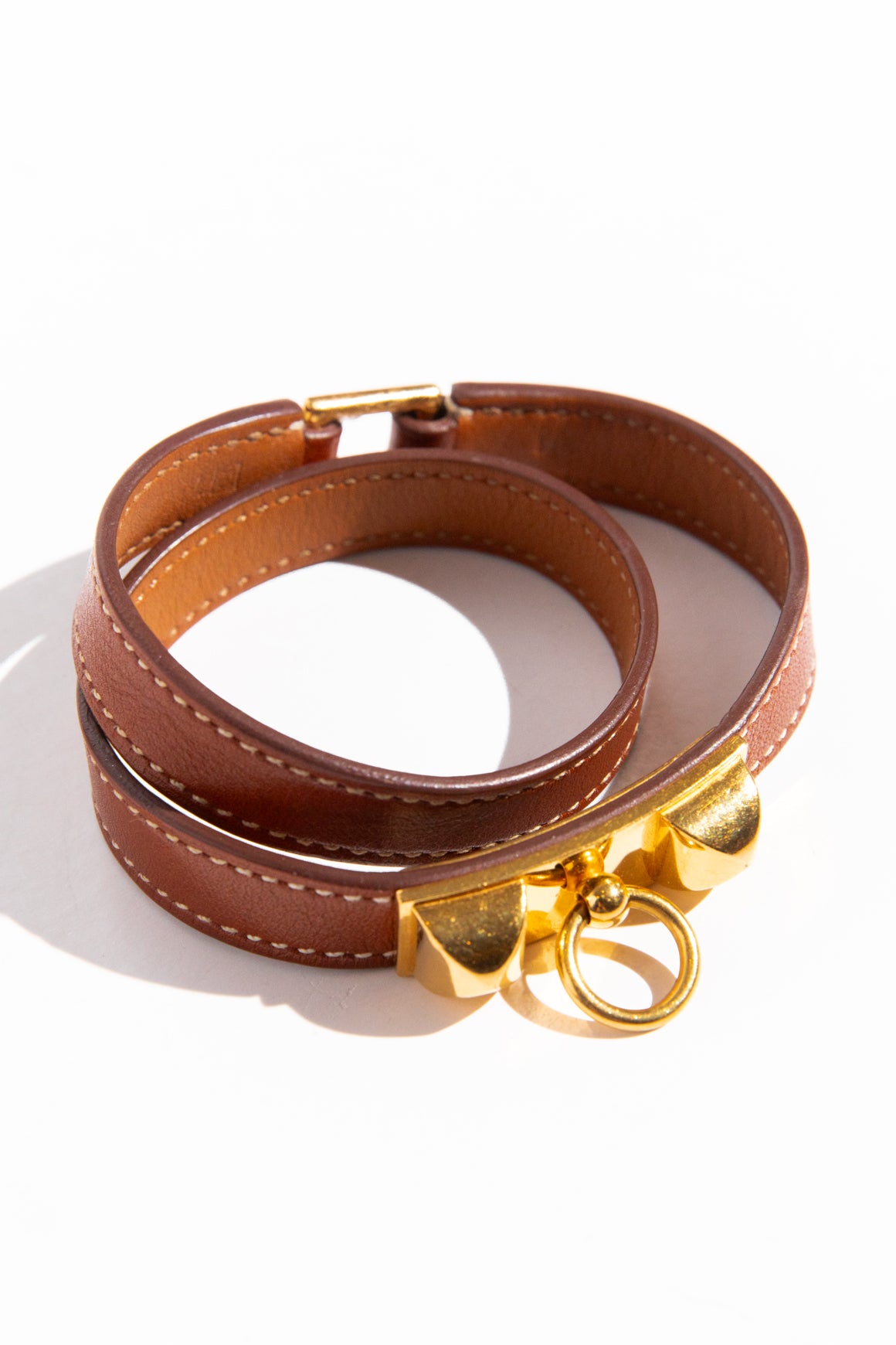 HERMES Brown Leather Rivale Double Tour Bracelet
