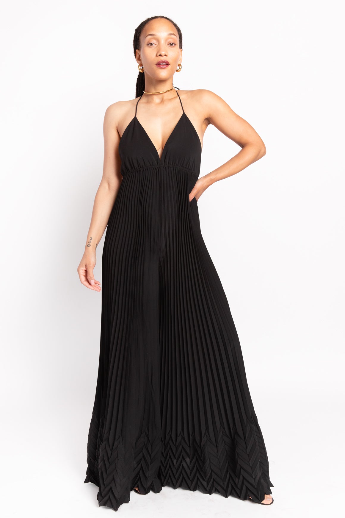 ALICE + OLIVIA Black "Adalyn" Pleated Halter Jumpsuit