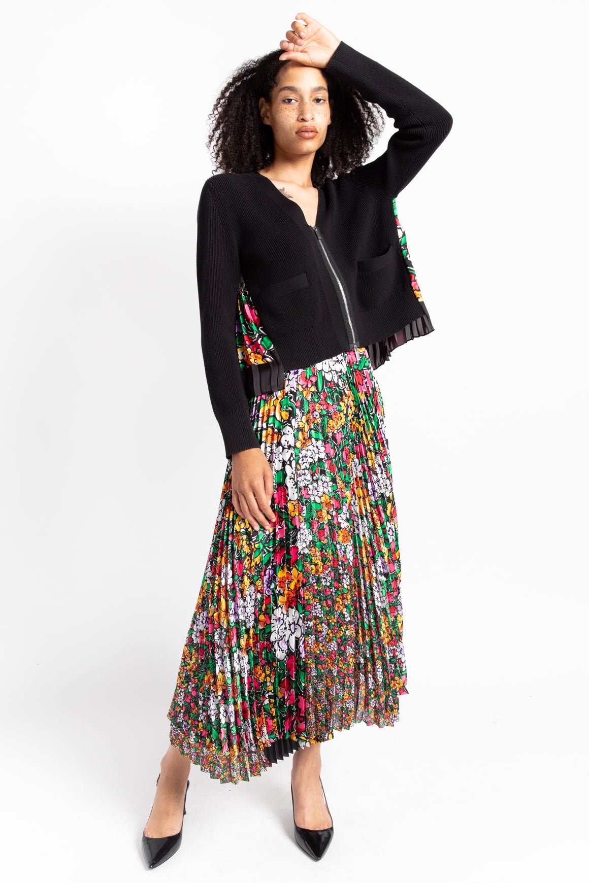 SACAI Floral Pleat Cardigan Sweater