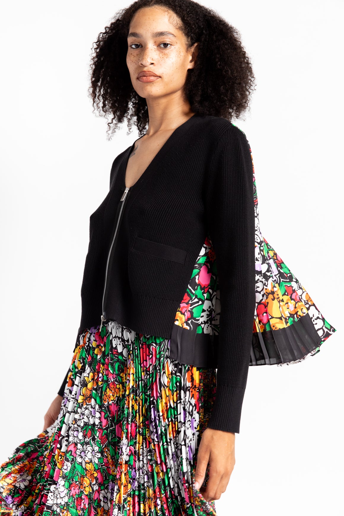 SACAI Floral Pleat Cardigan Sweater