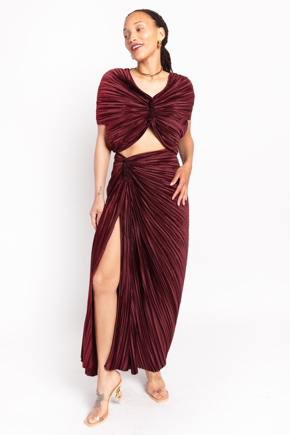 CULT GAIA Maroon Pleated Top and Skirt Set