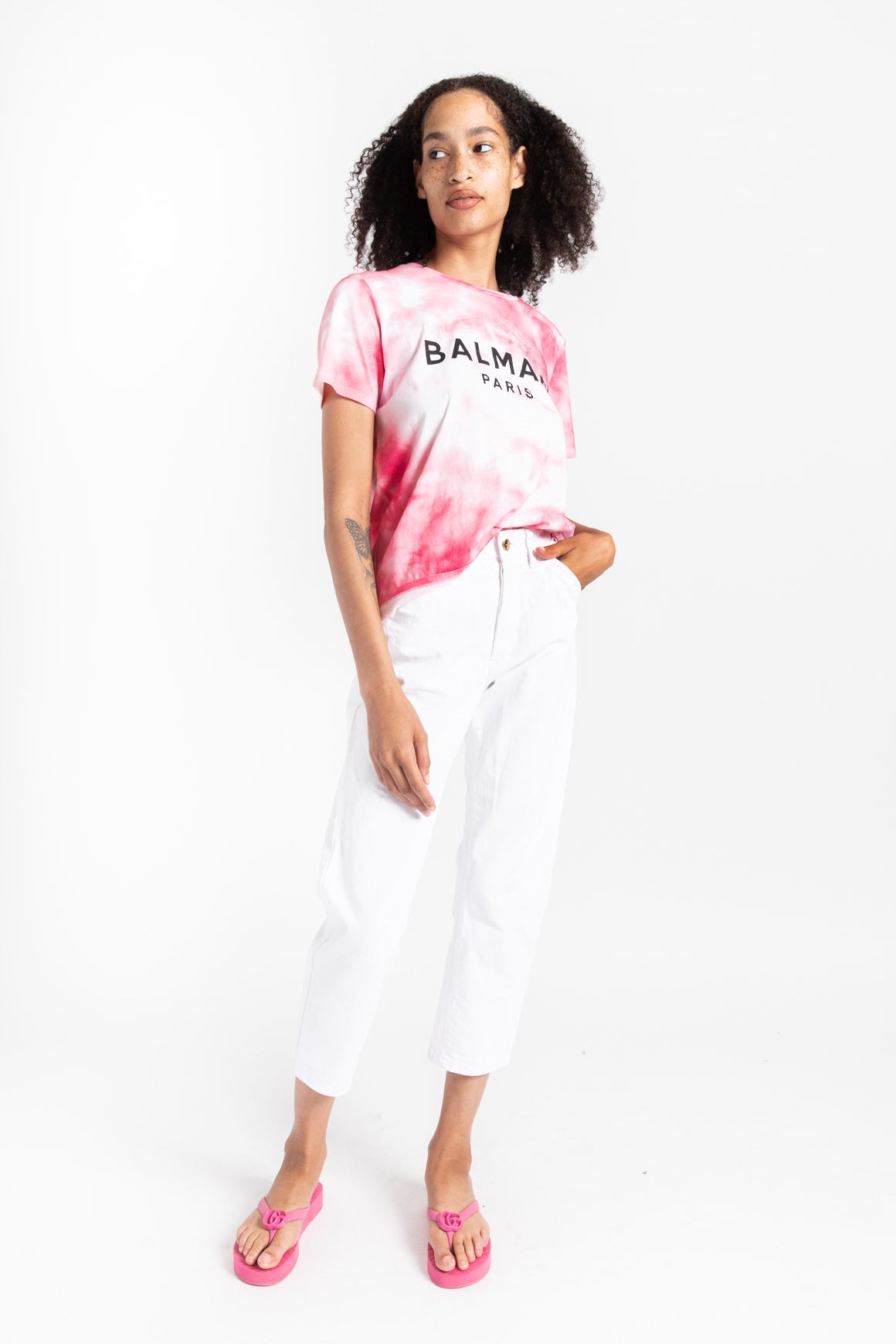 BALMAIN Pink Tie Dye Graphic Tee